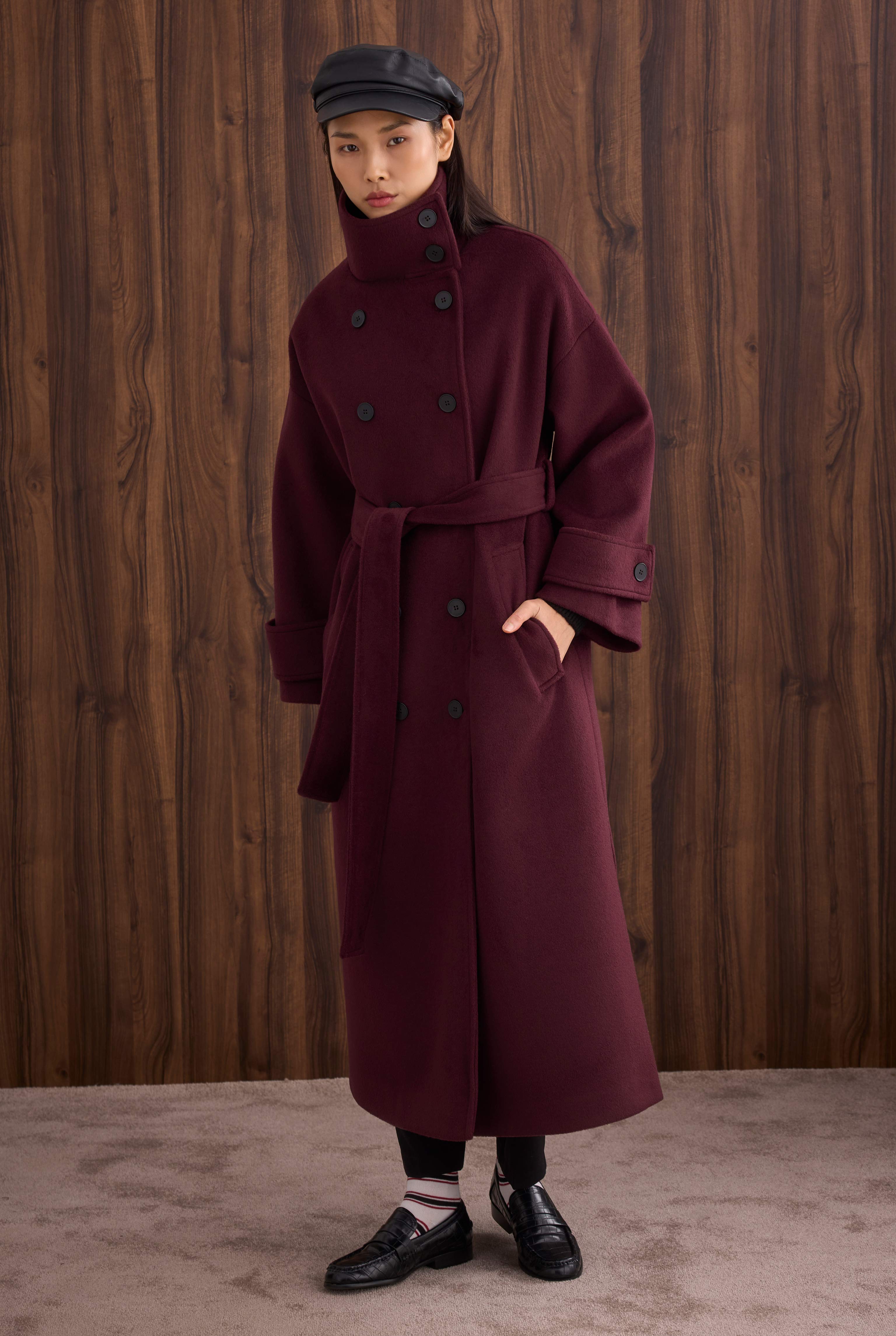 Funnel Neck Long Coat Bordeaux - 5