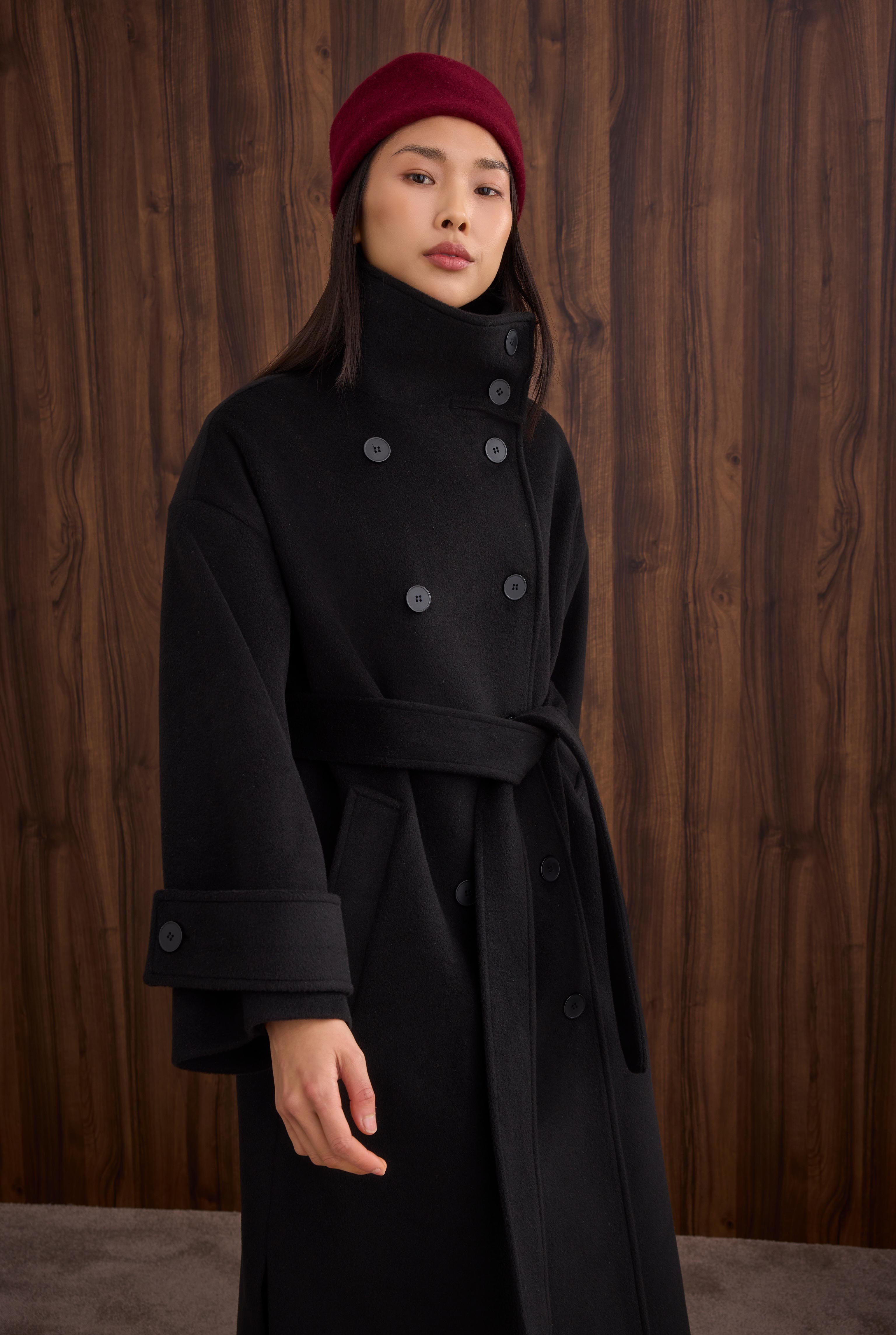 Funnel Neck Long Coat Black - 5