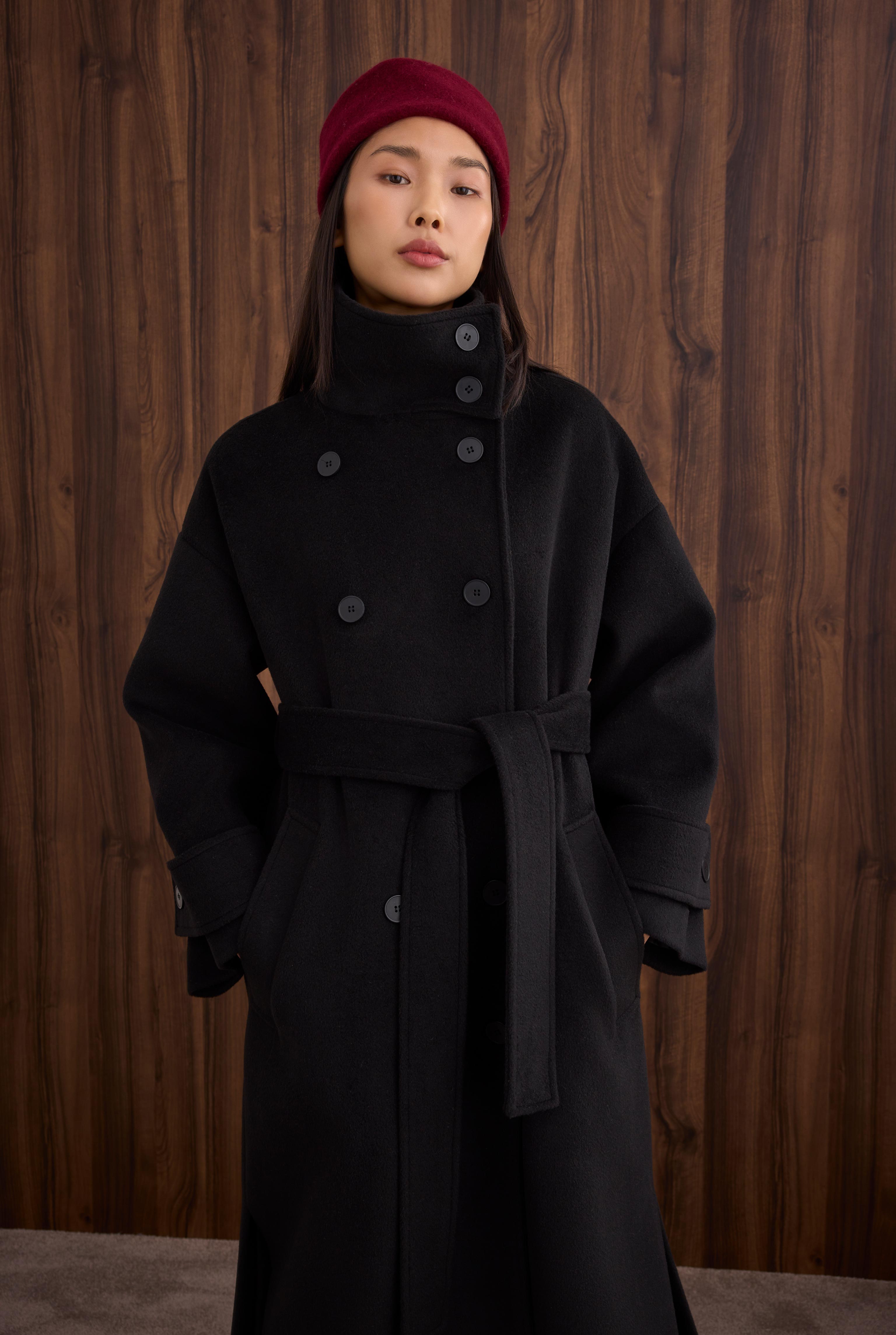 Funnel Neck Long Coat Black - 3