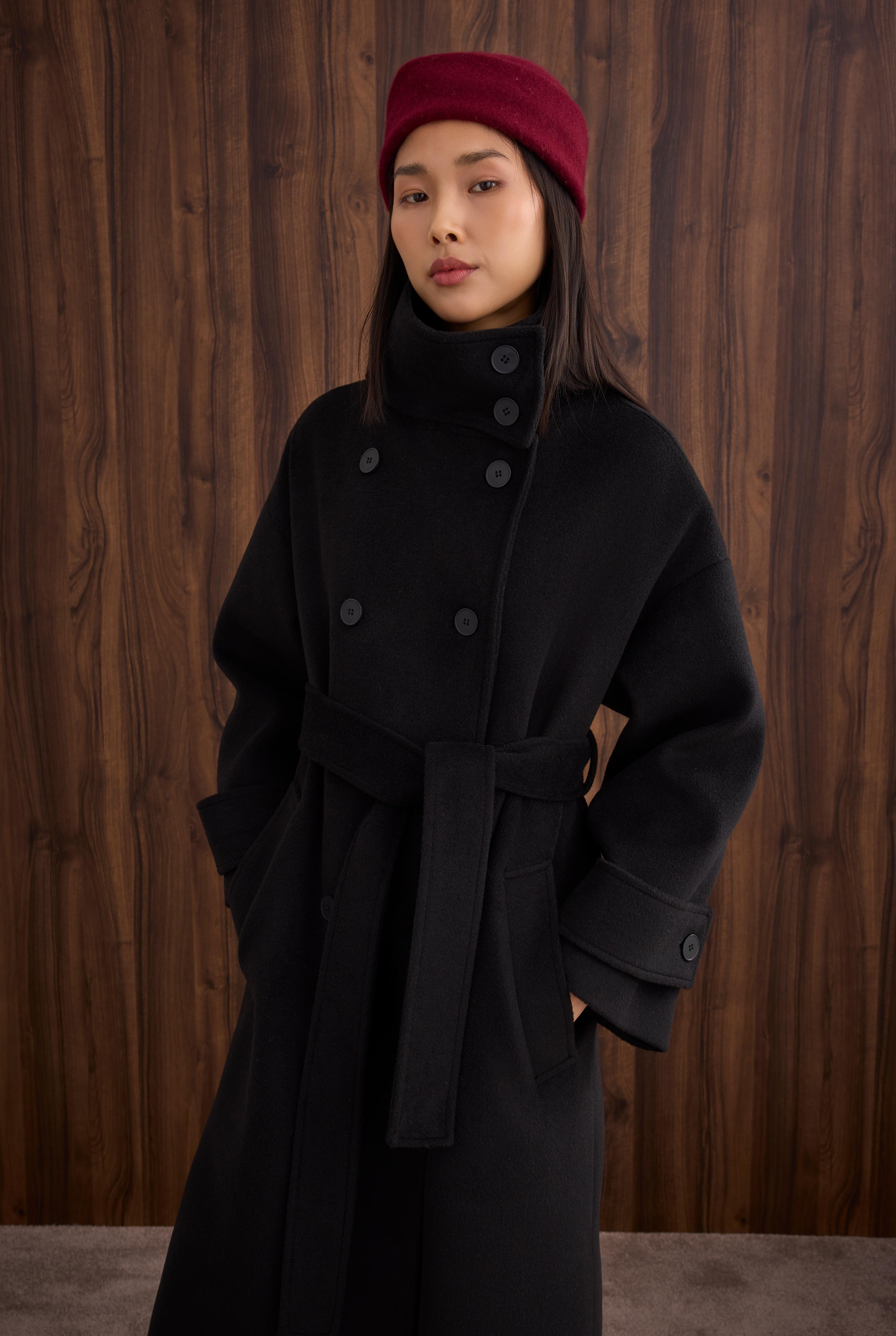 Funnel Neck Long Coat Black - 2