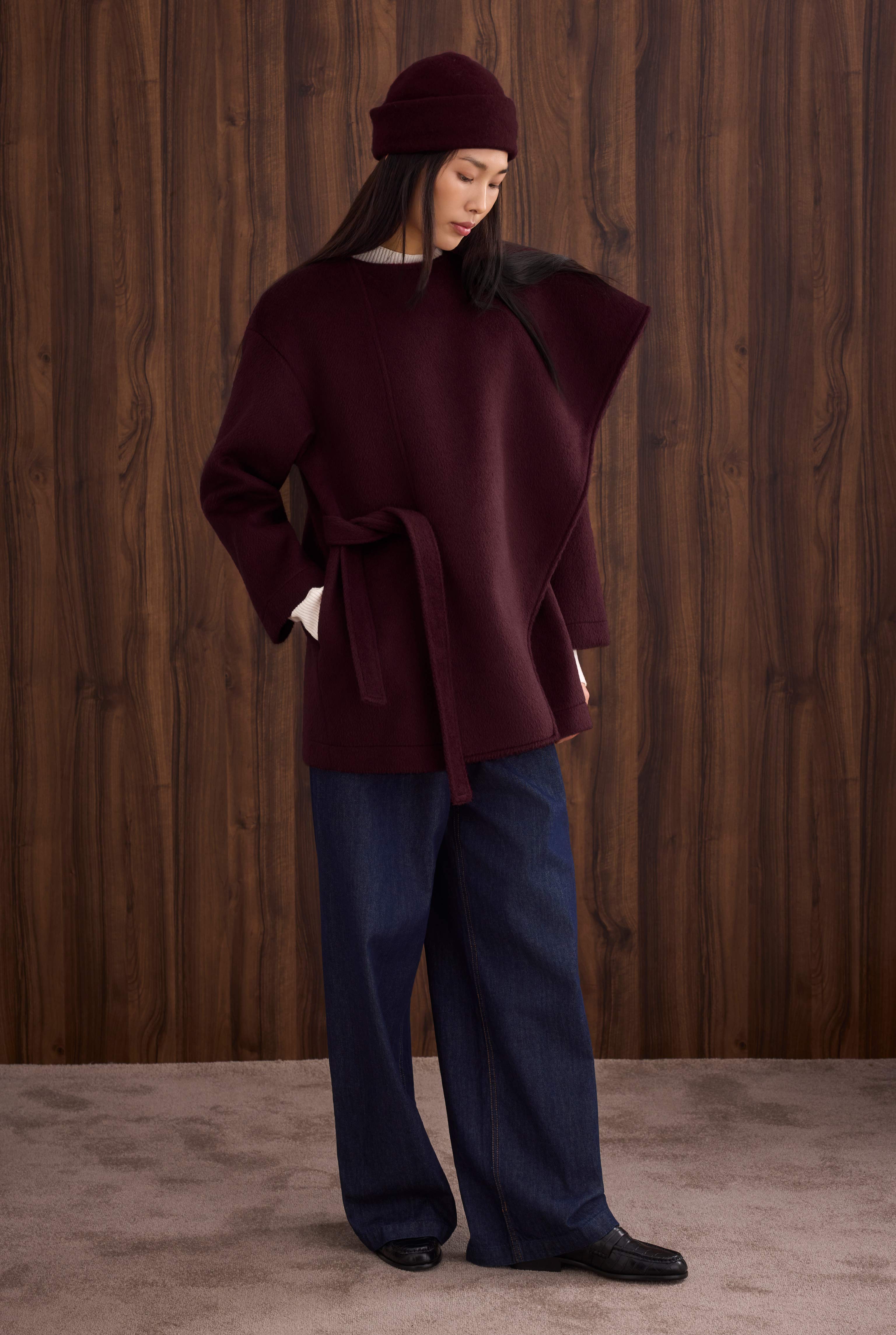Belted Shawl Collar Coat Bordeaux - 3