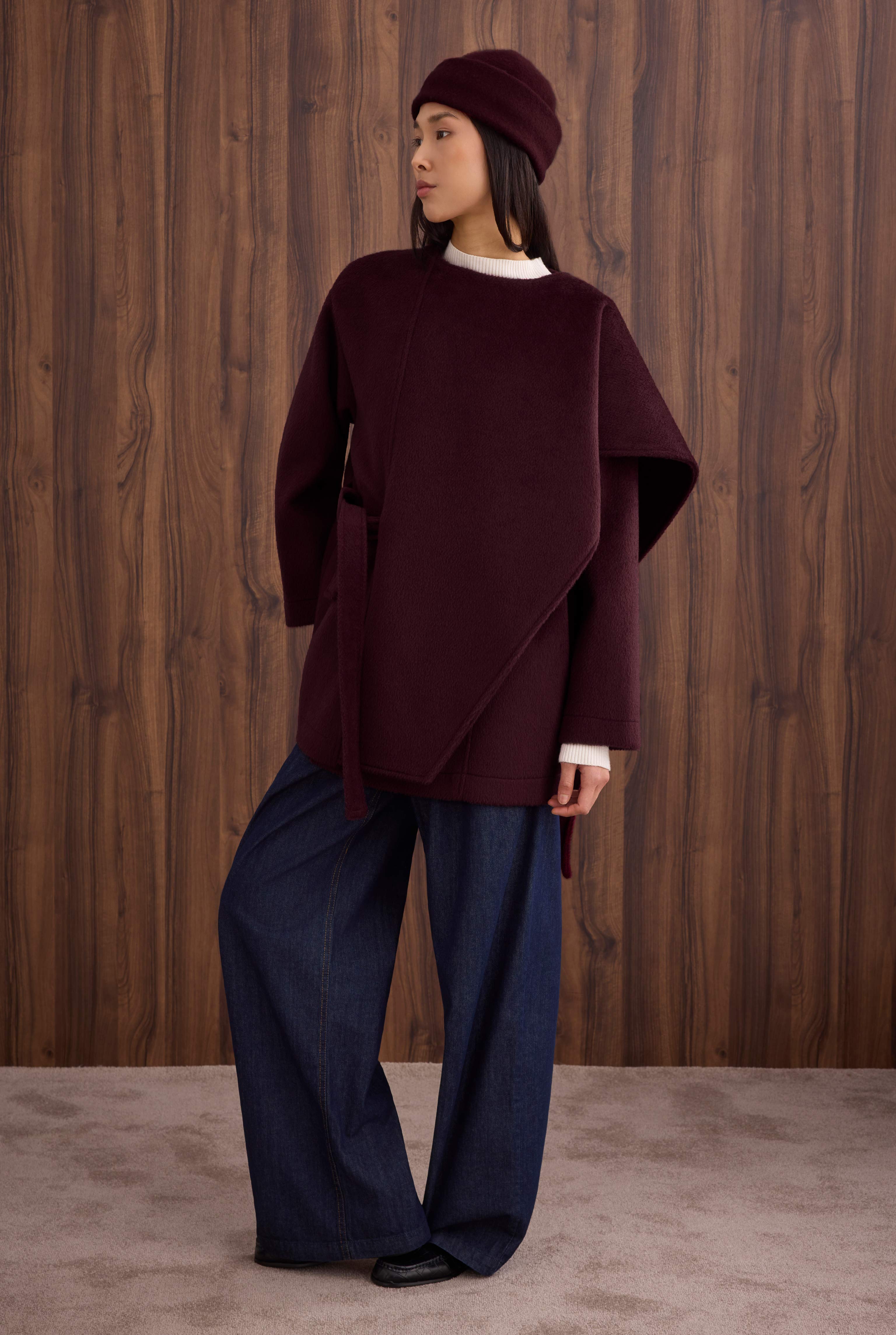 Belted Shawl Collar Coat Bordeaux - 5