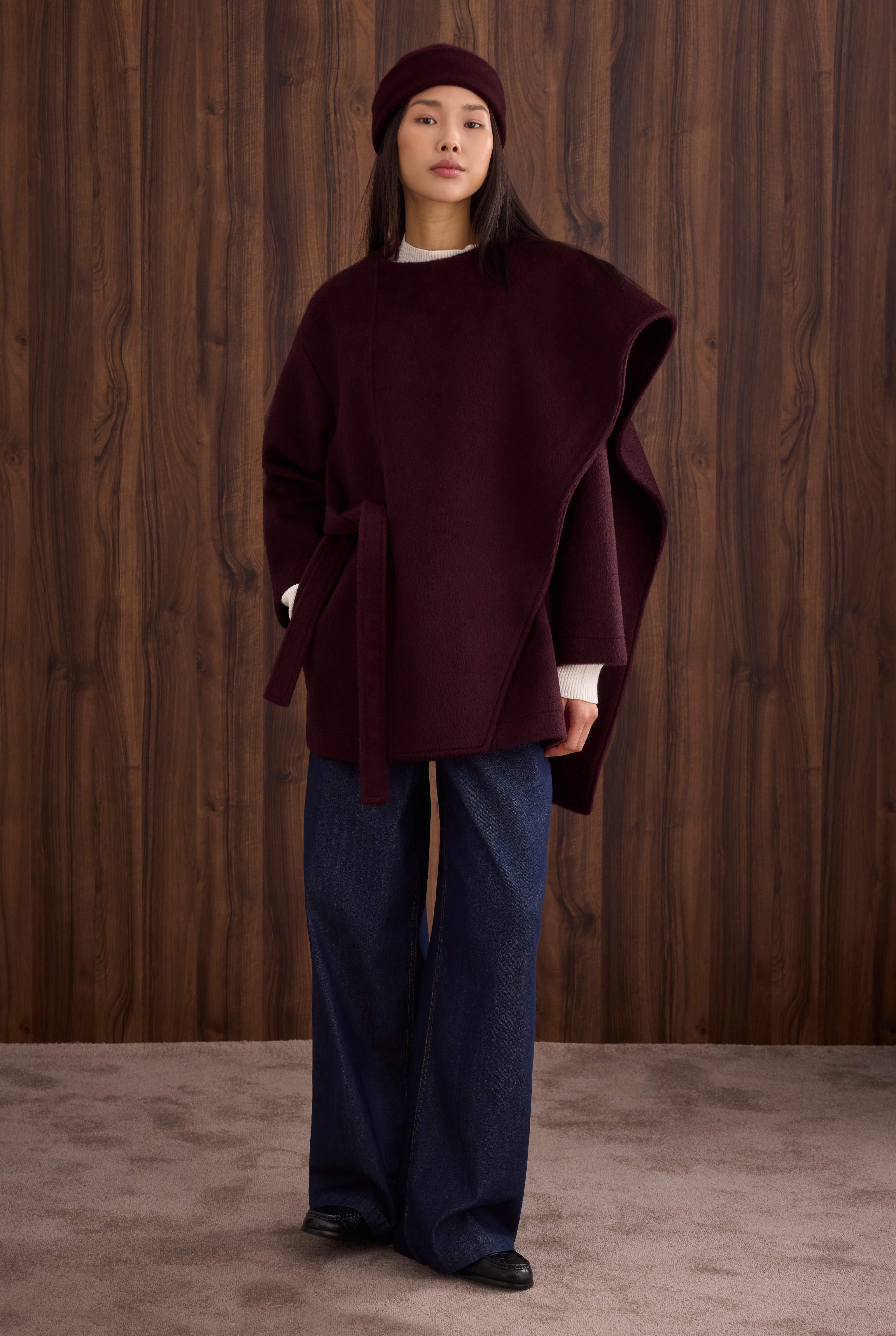 Belted Shawl Collar Coat Bordeaux - 2