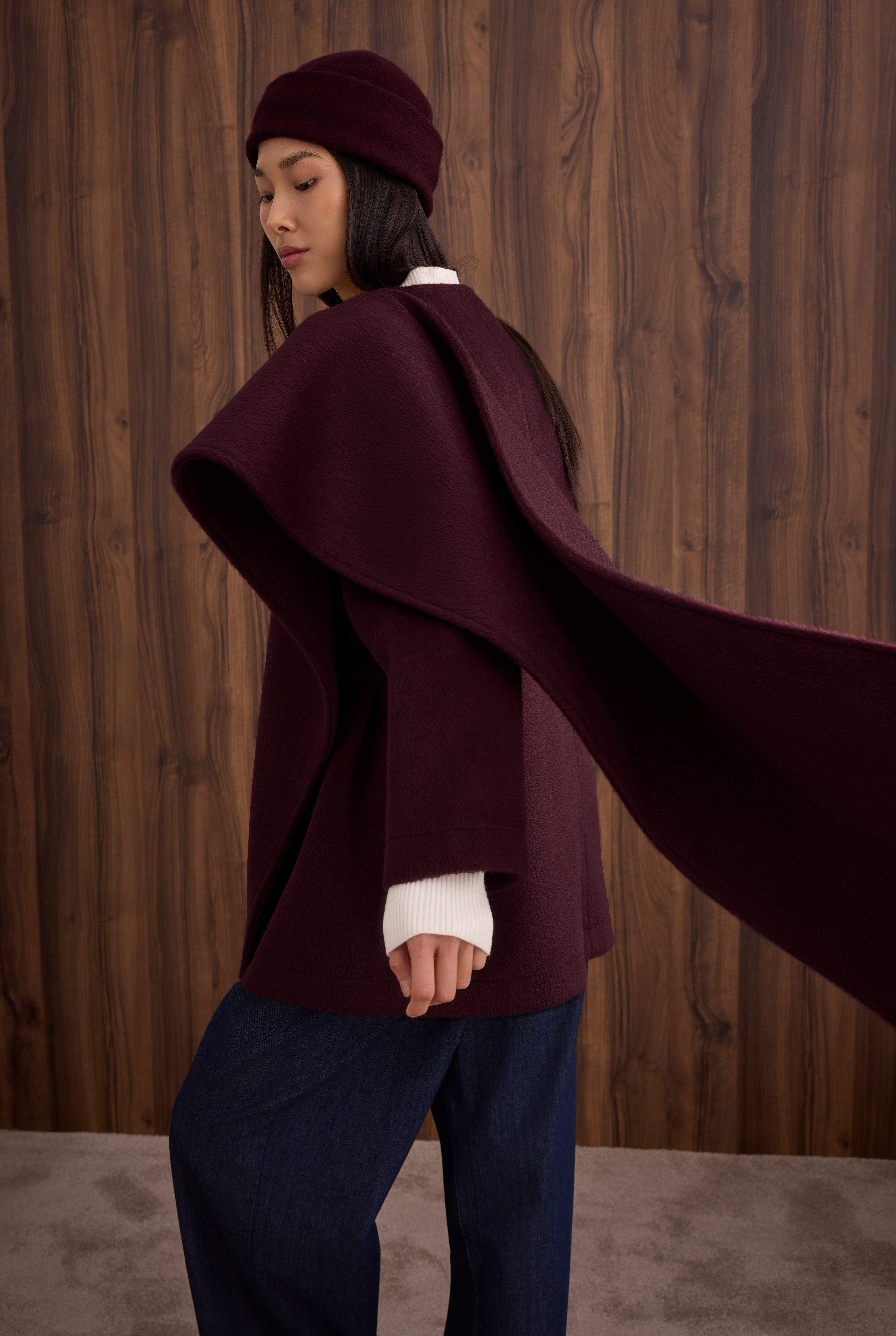 Belted Shawl Collar Coat Bordeaux - HE-QA