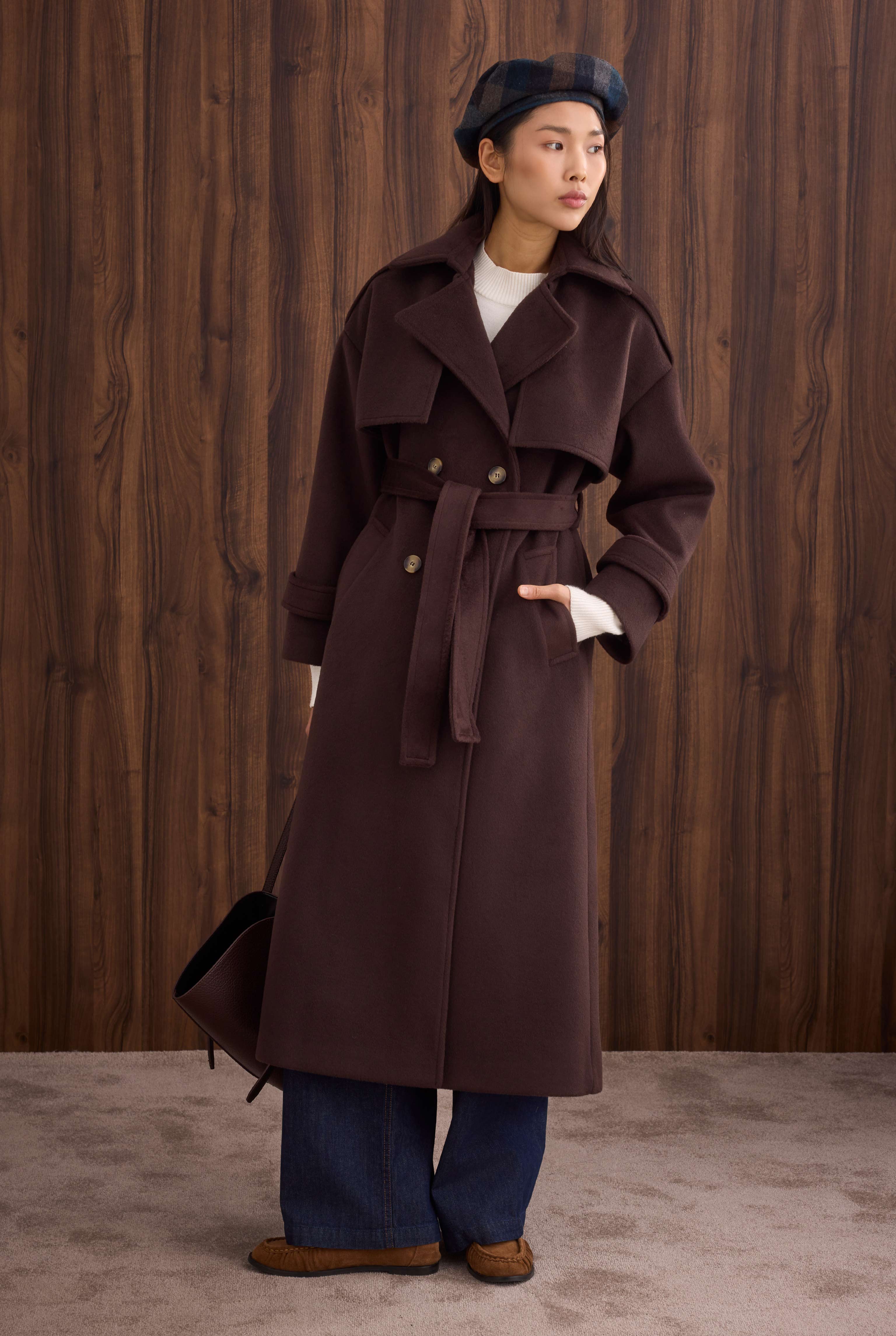 Apron Detailed Long Coat Dark Brown - 2