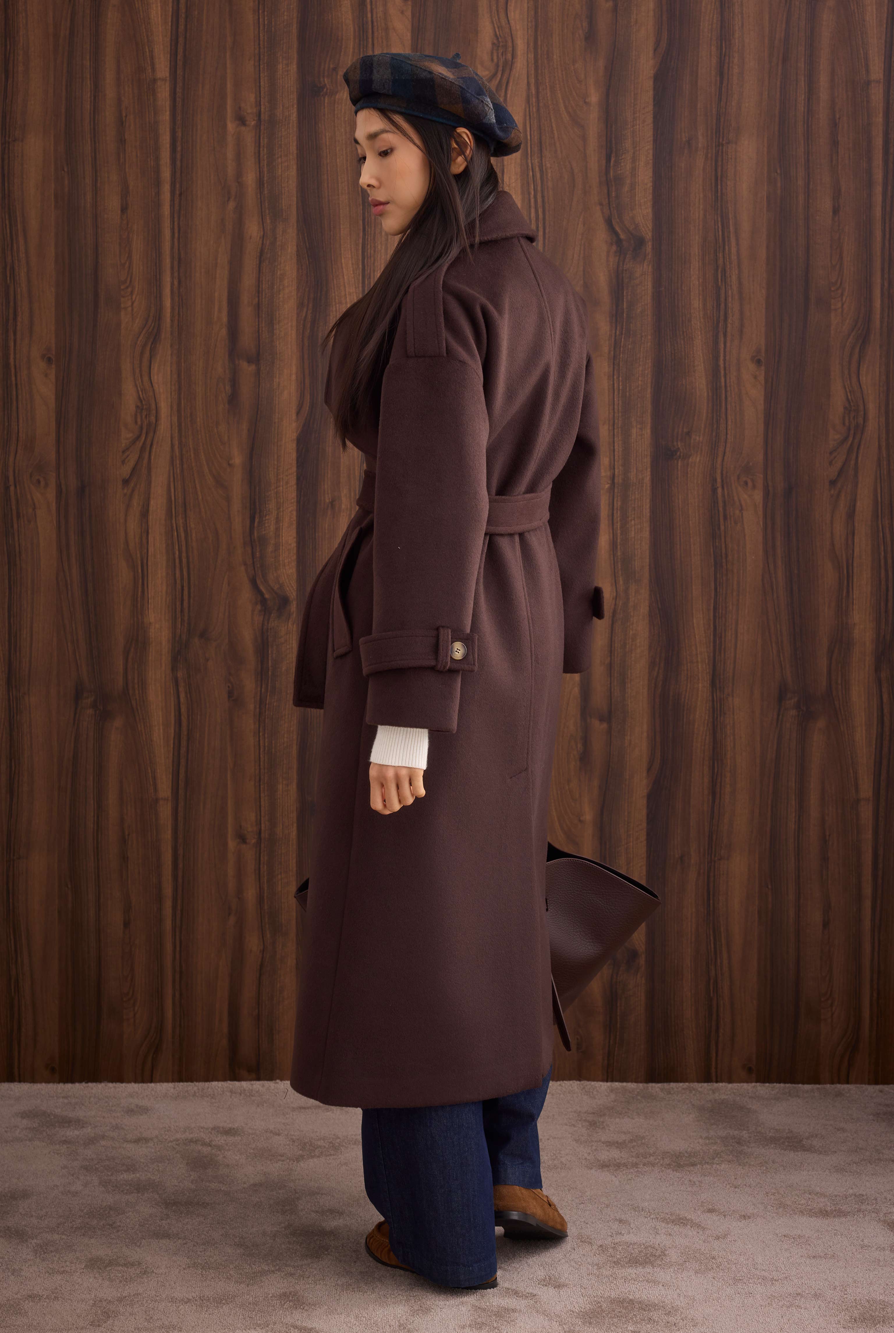 Apron Detailed Long Coat Dark Brown - 5