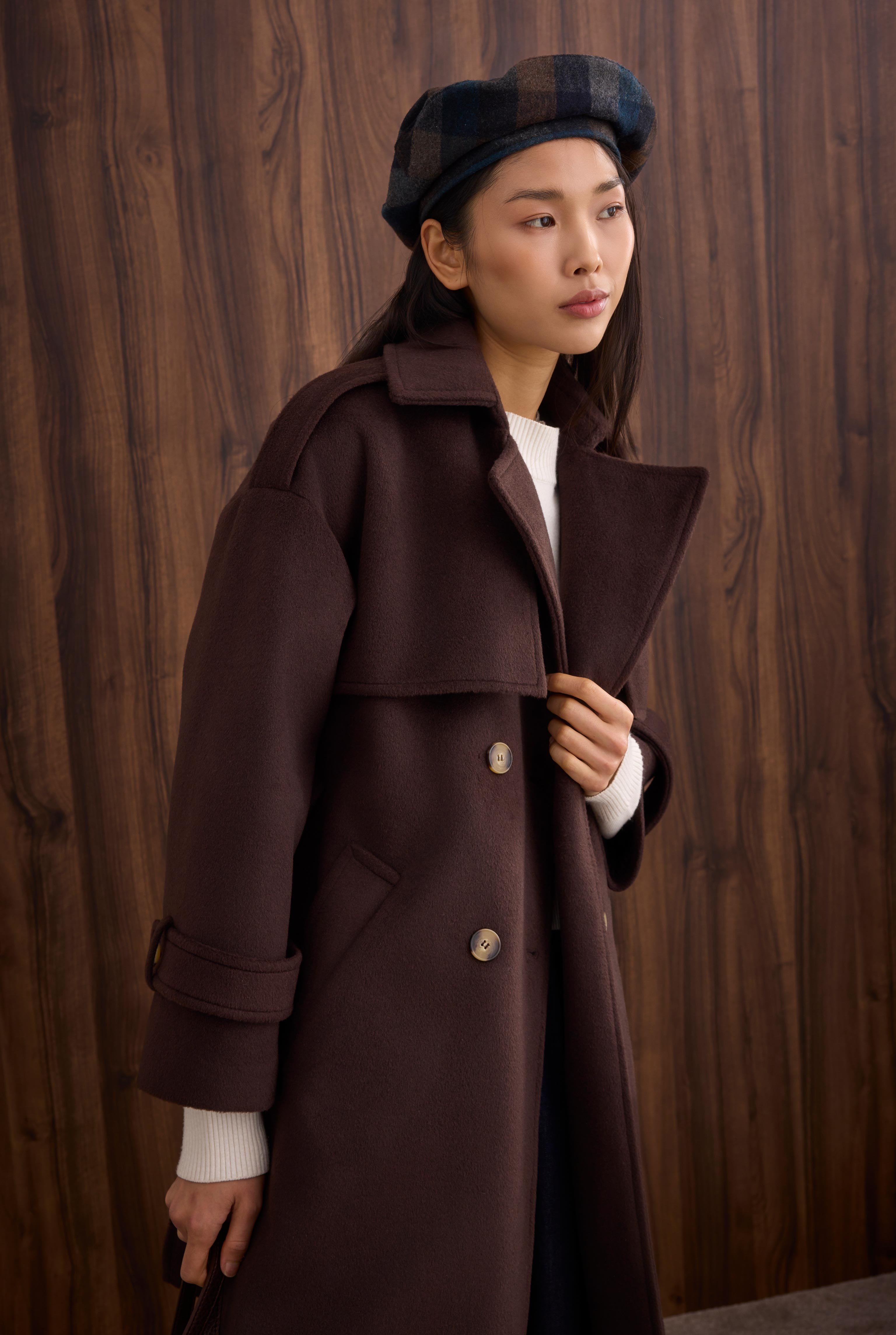 Apron Detailed Long Coat Dark Brown - 1