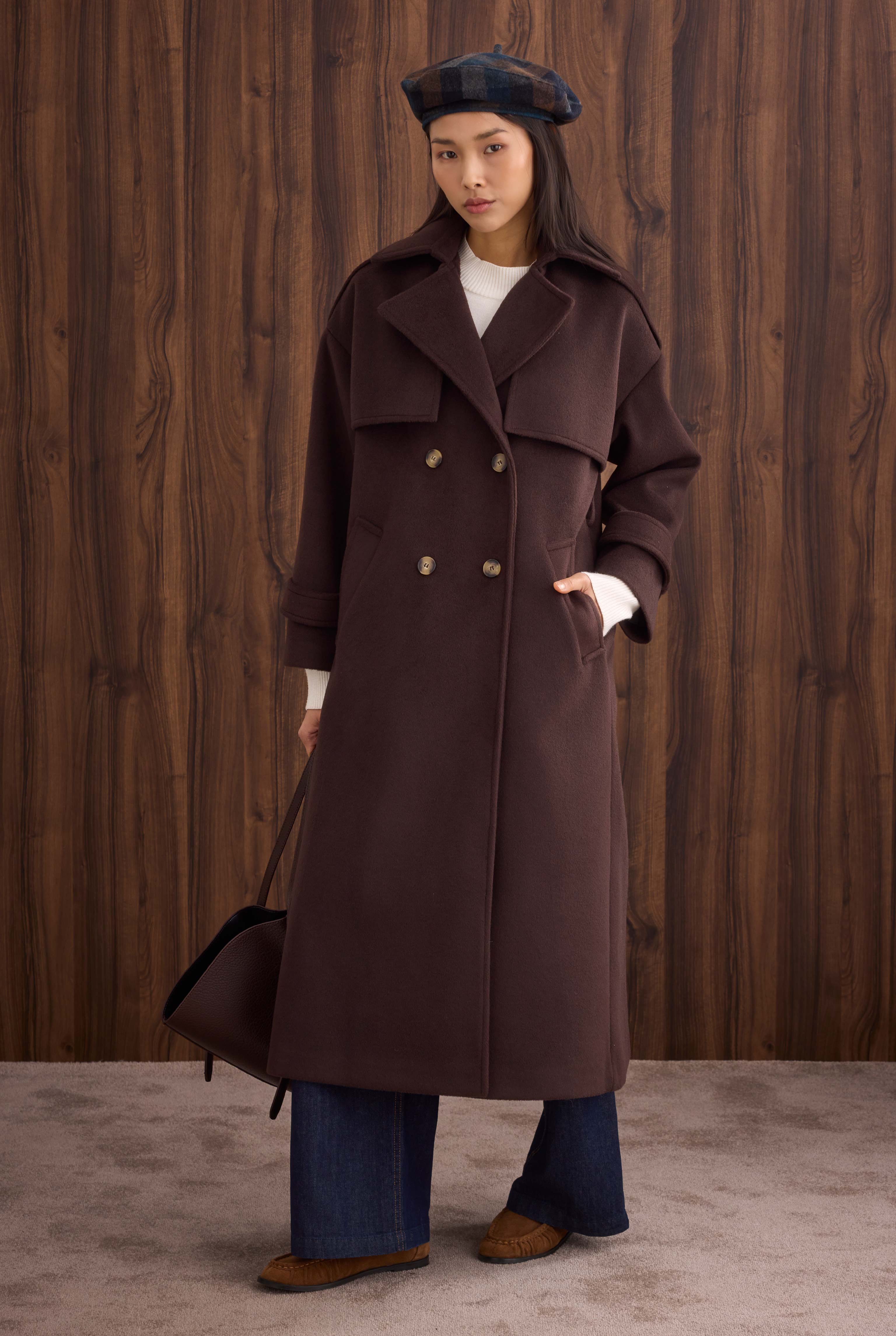 Apron Detailed Long Coat Dark Brown - 3