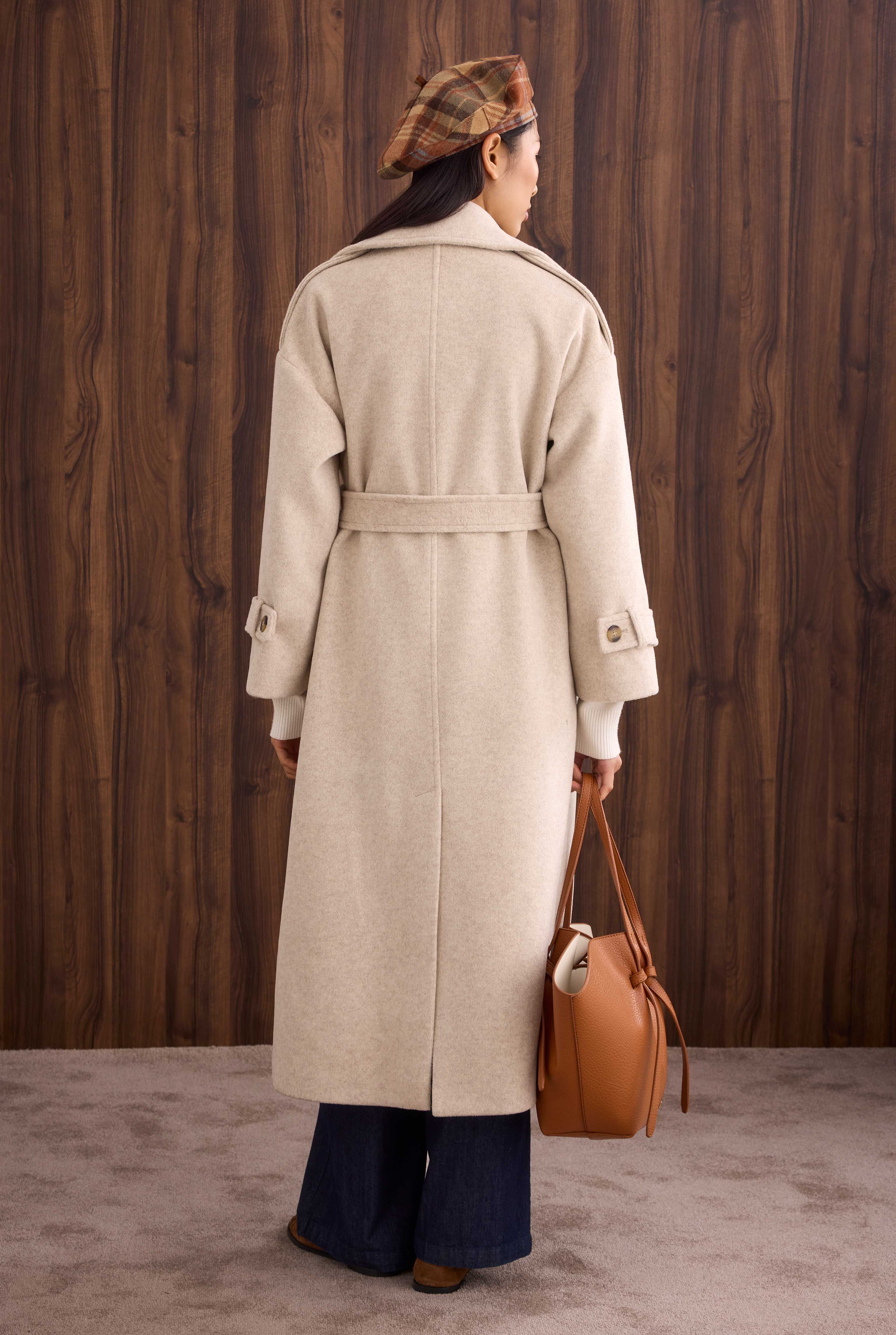 Apron Detailed Long Coat Beige - 5