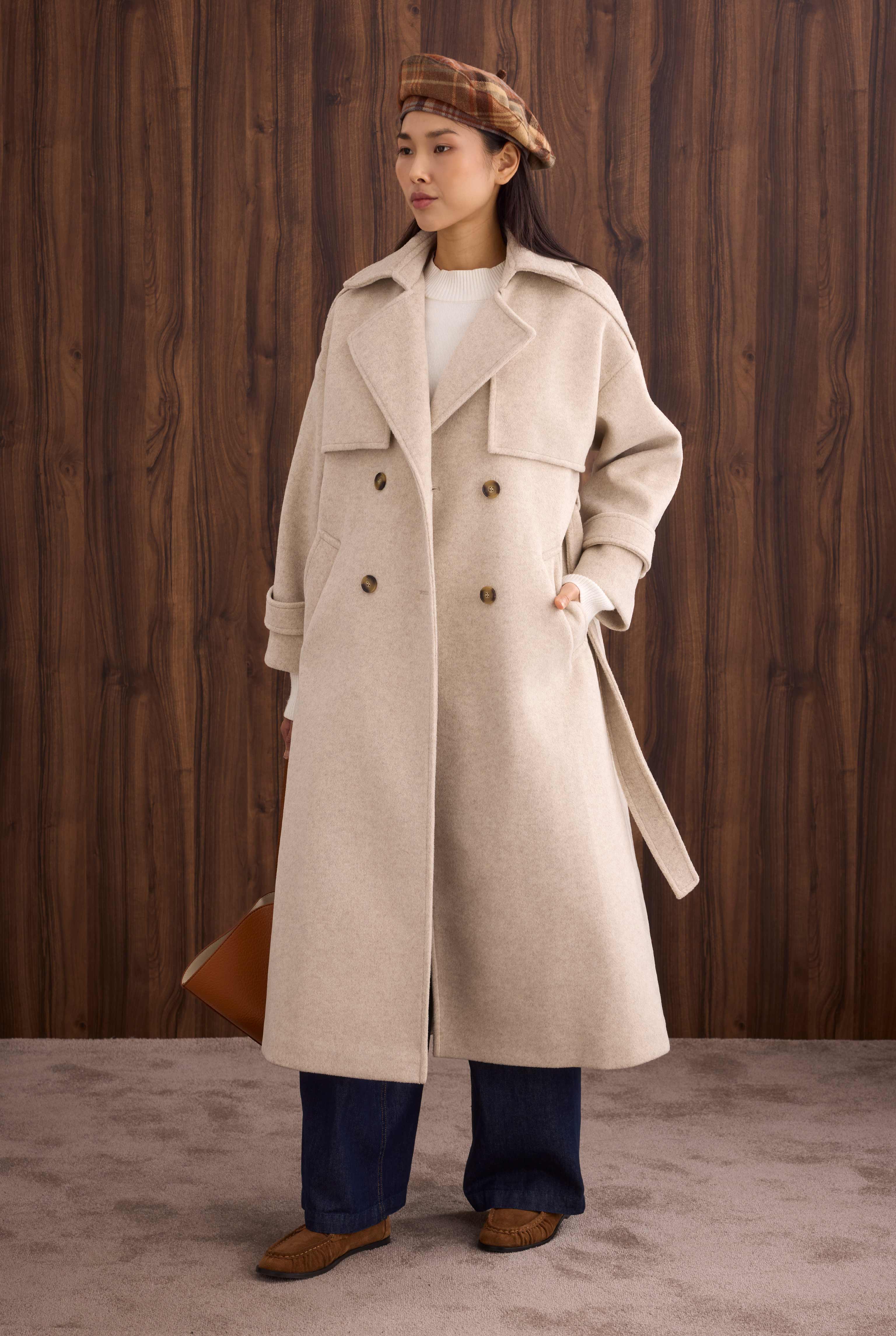 Apron Detailed Long Coat Beige - 4