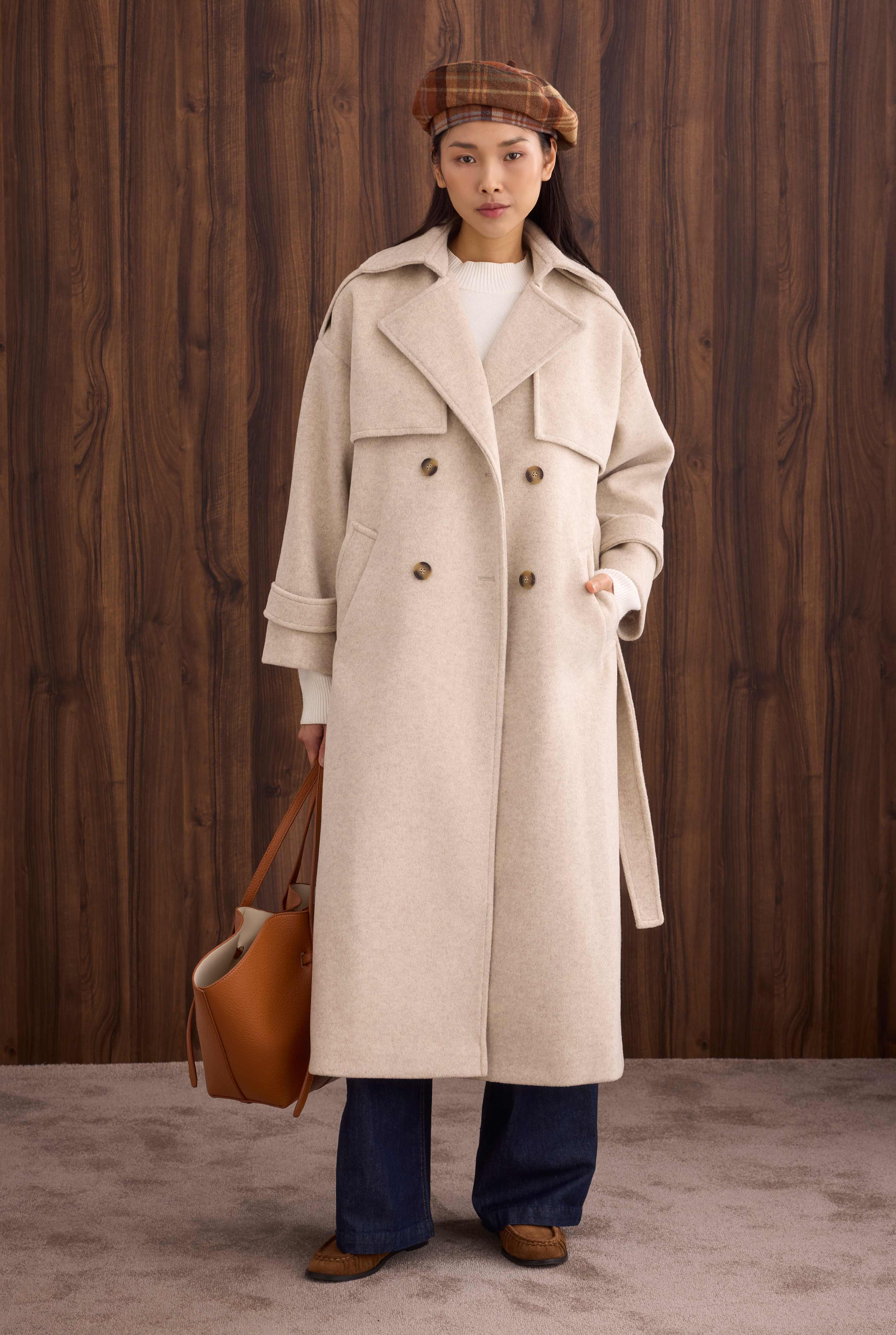 Apron Detailed Long Coat Beige - HE-QA