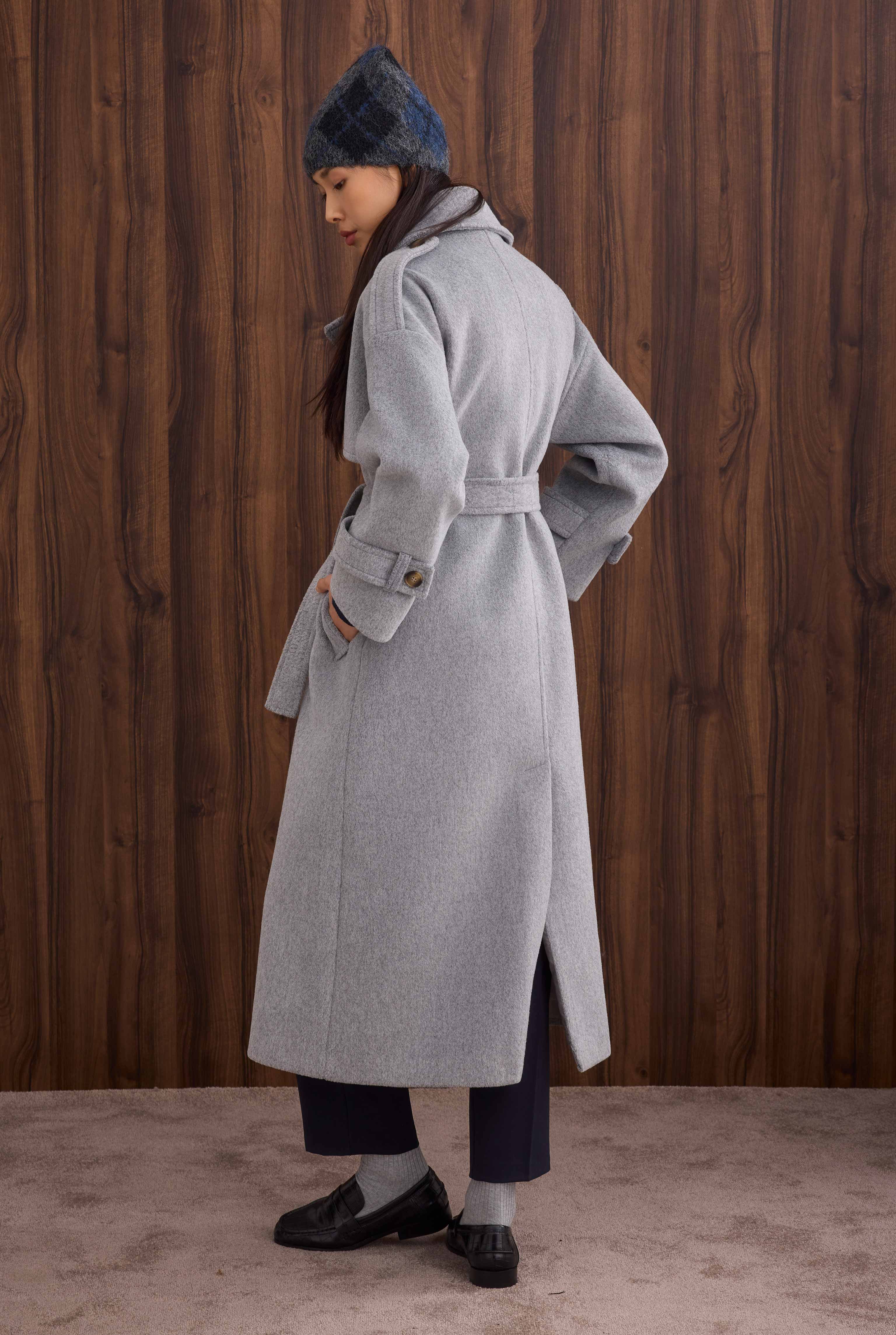 Apron Detailed Long Coat Grey Marl - 7