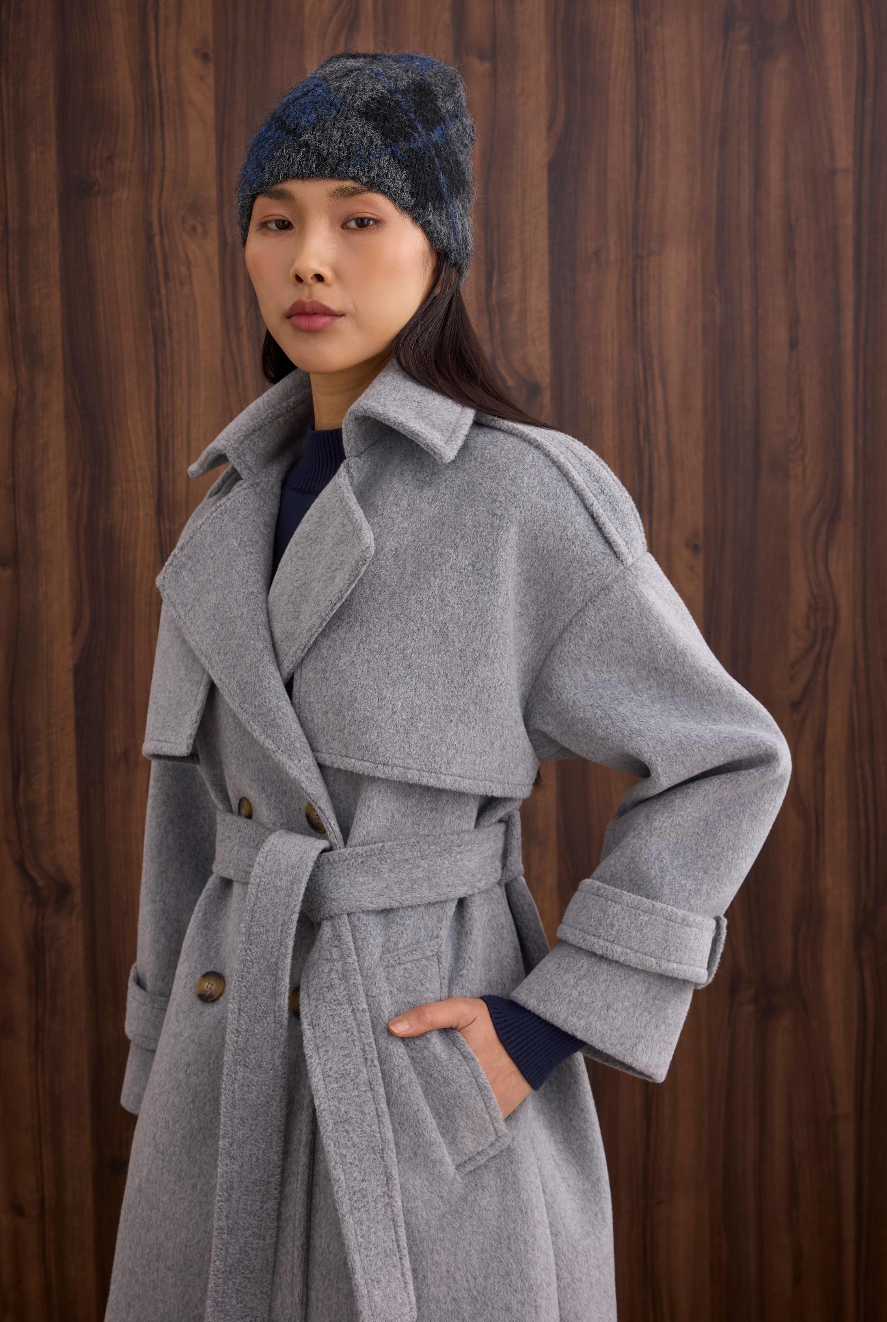 Apron Detailed Long Coat Grey Marl - 2