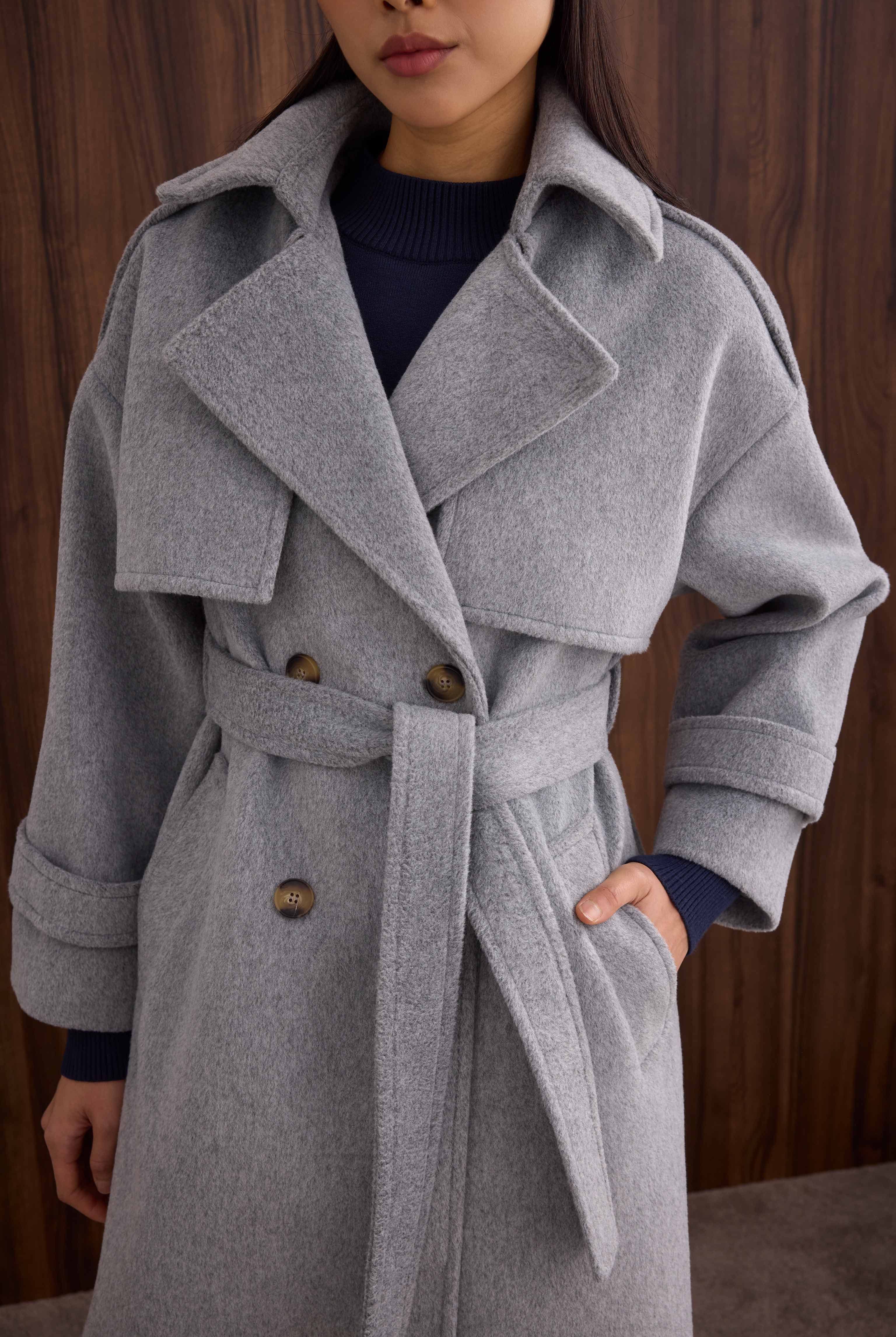 Apron Detailed Long Coat Grey Marl - 3