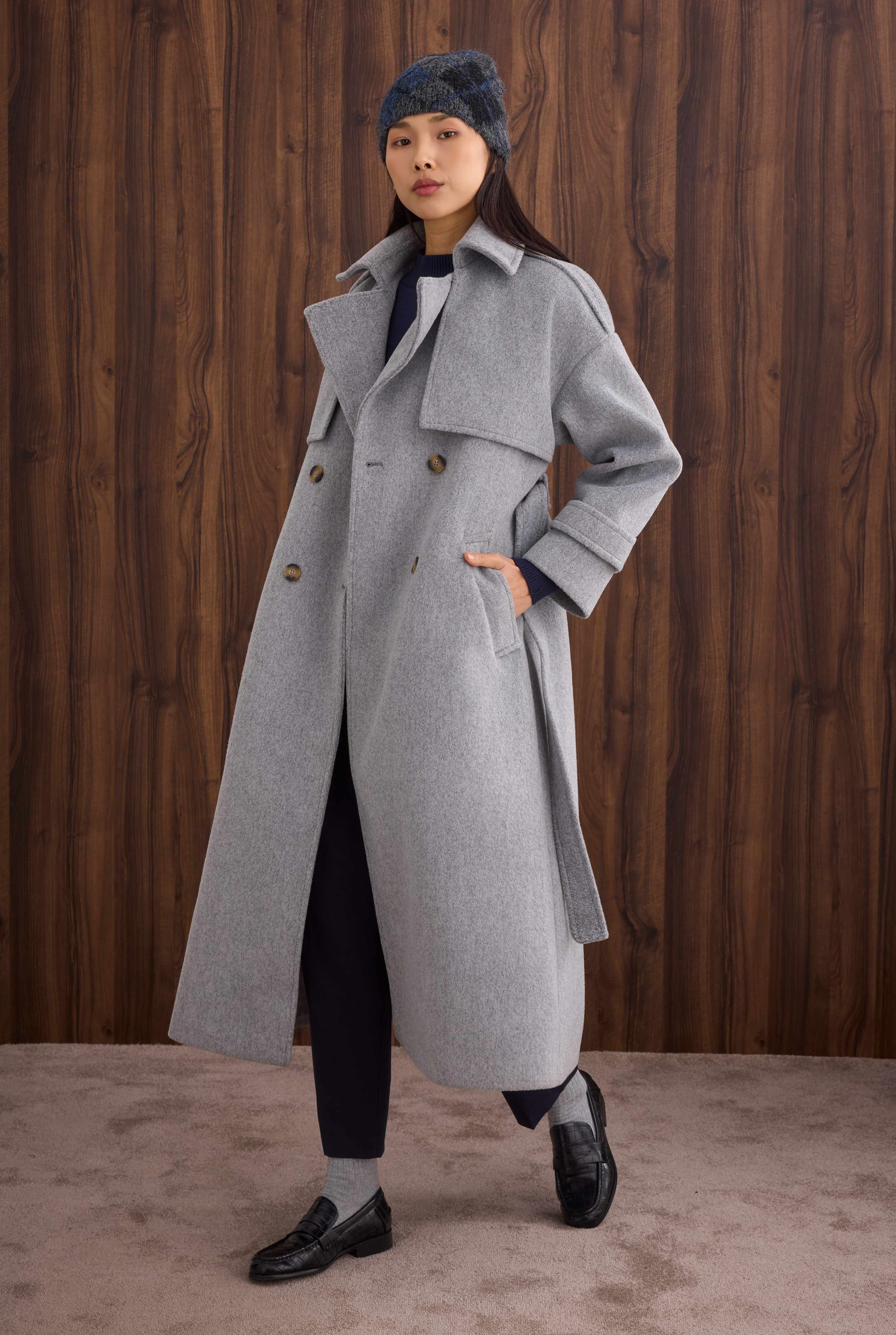Apron Detailed Long Coat Grey Marl - 4