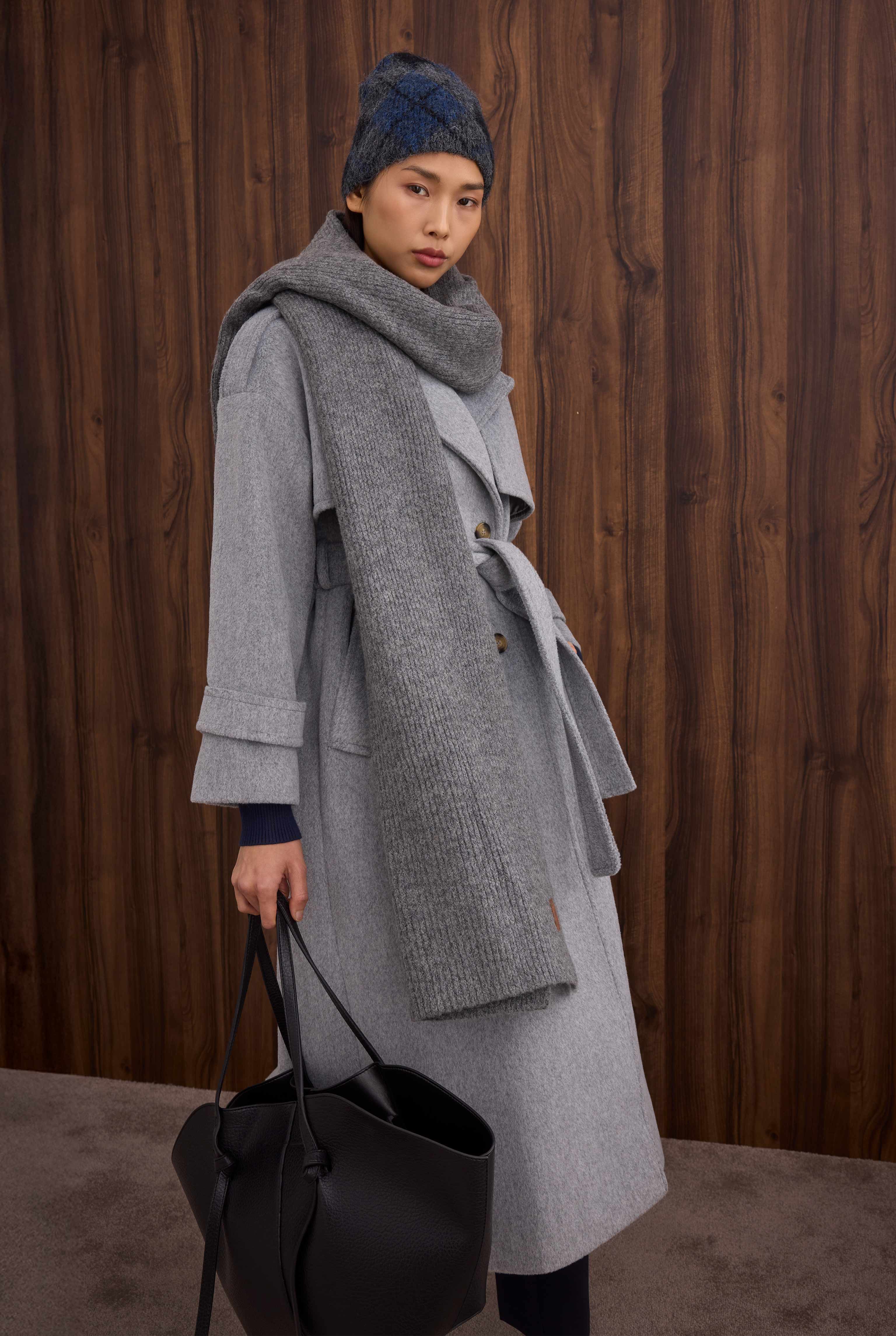 Apron Detailed Long Coat Grey Marl - 6