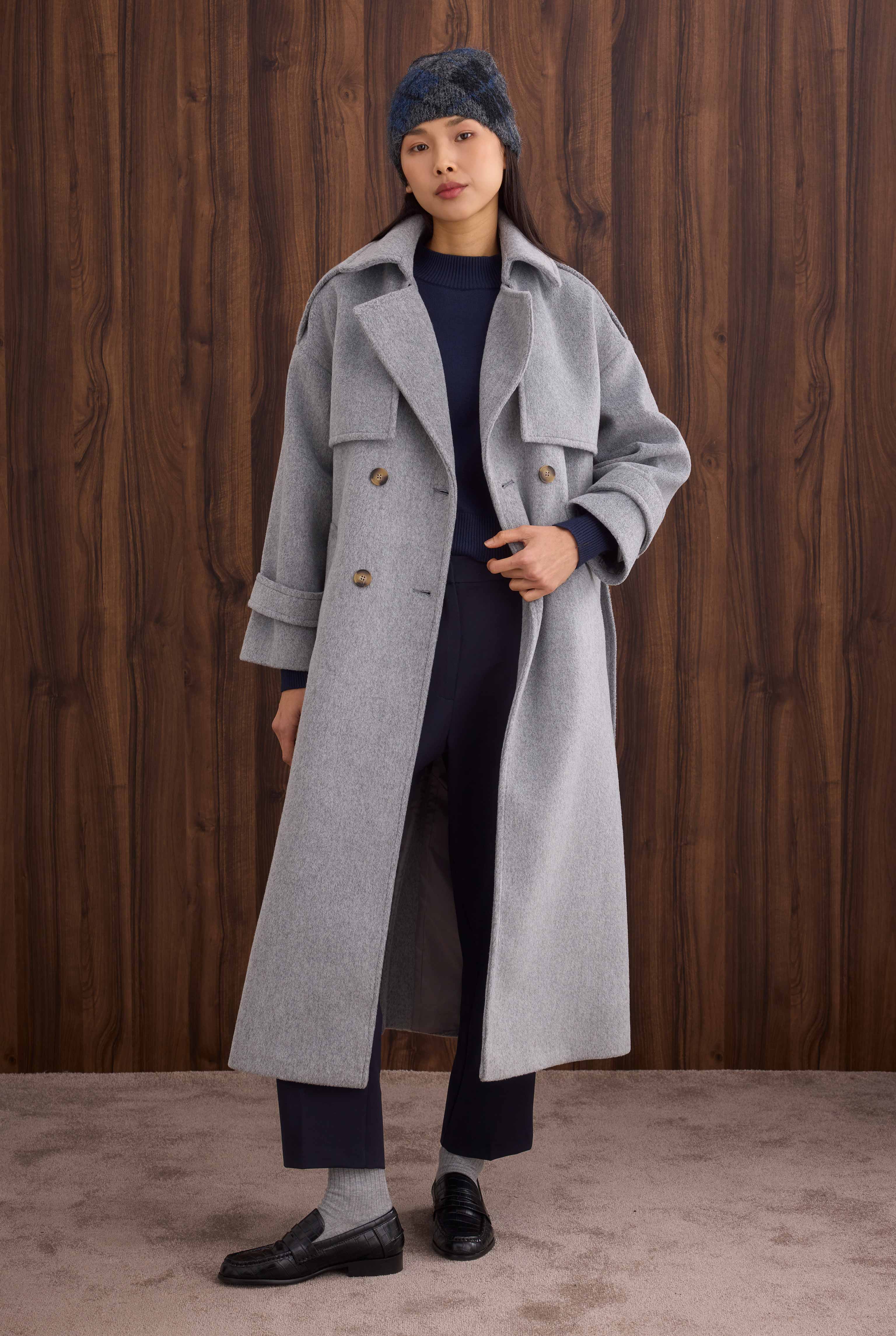 Apron Detailed Long Coat Grey Marl - HE-QA