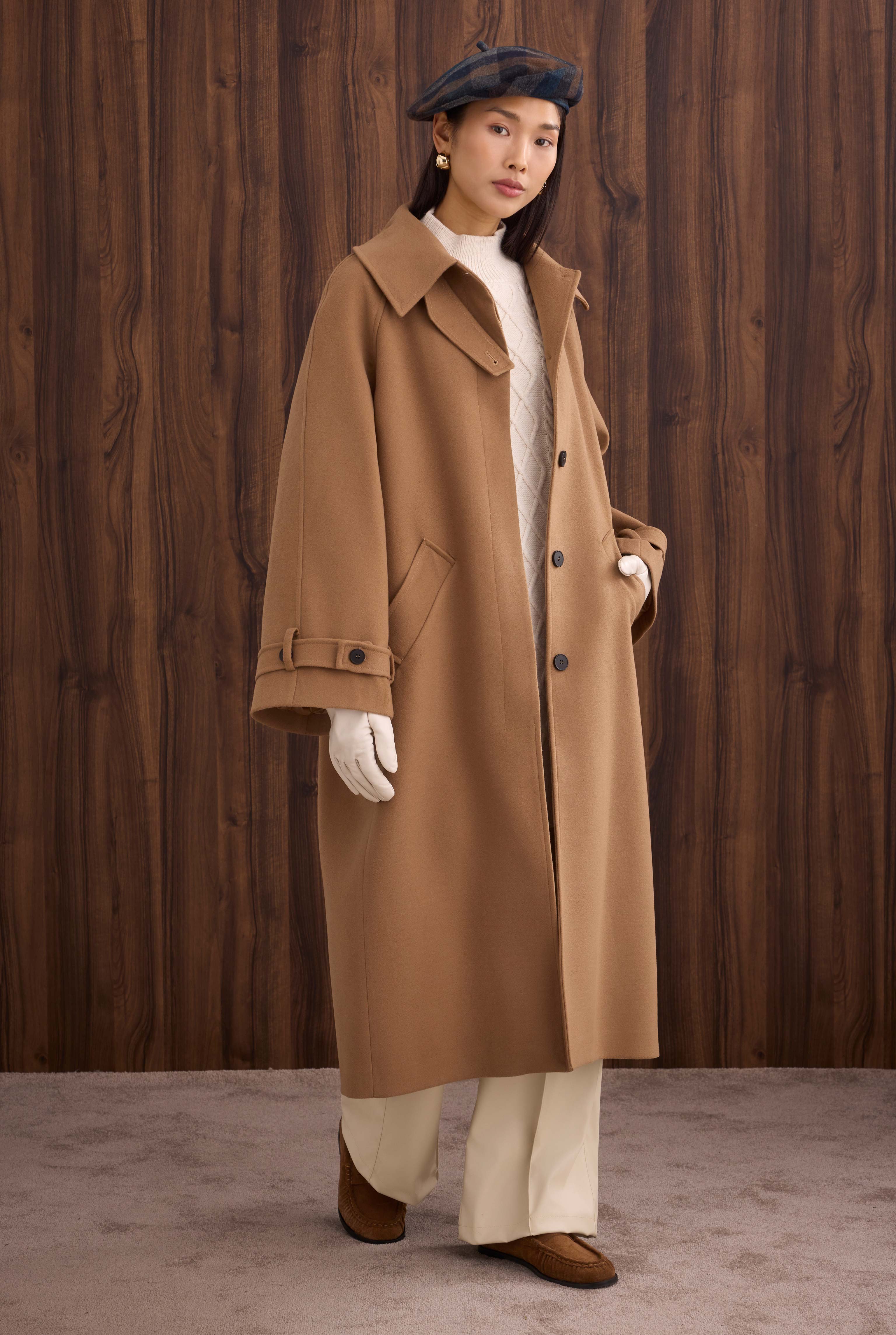 Collar Detailed Coat Camel - 2