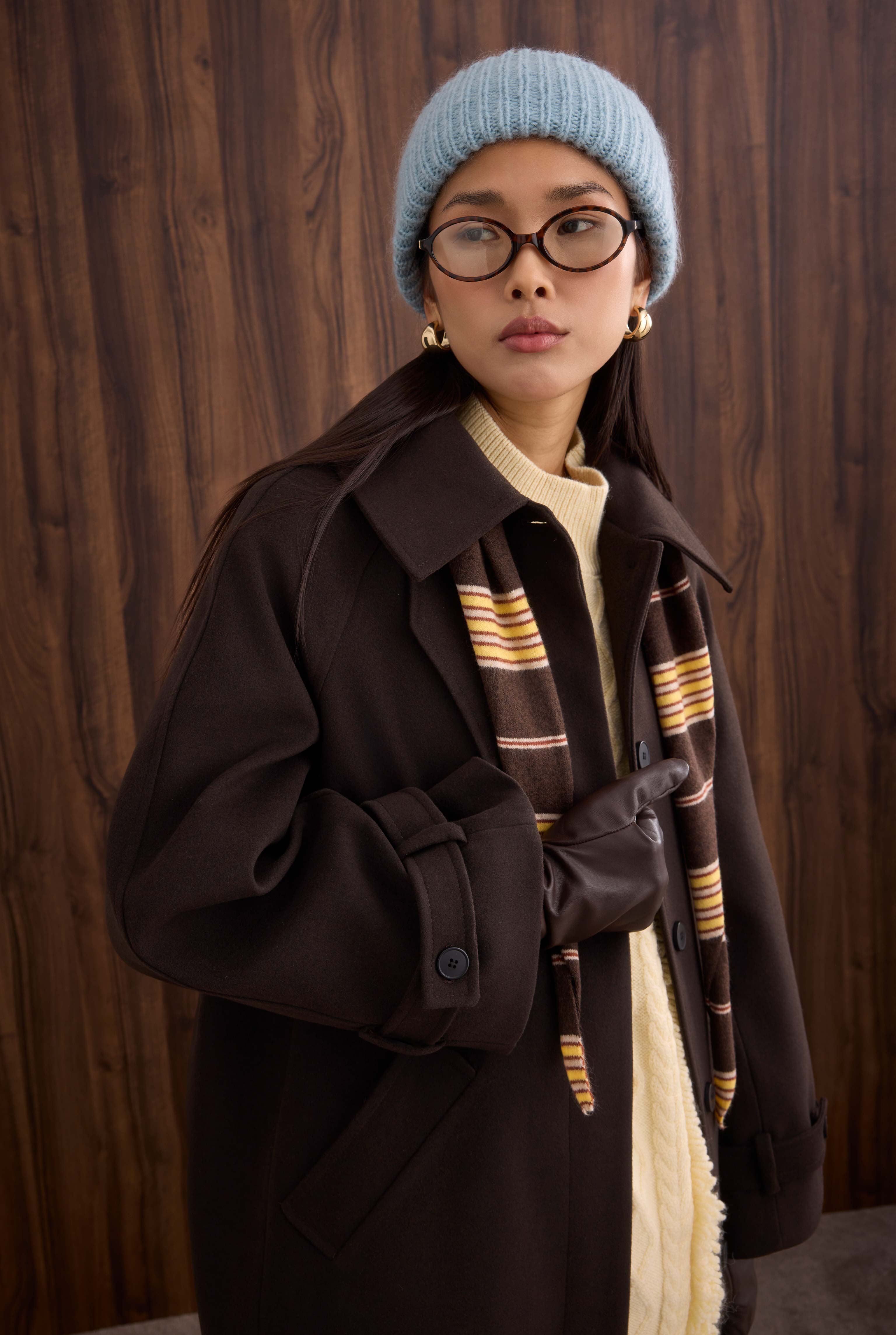 Collar Detailed Coat Dark Brown - 3