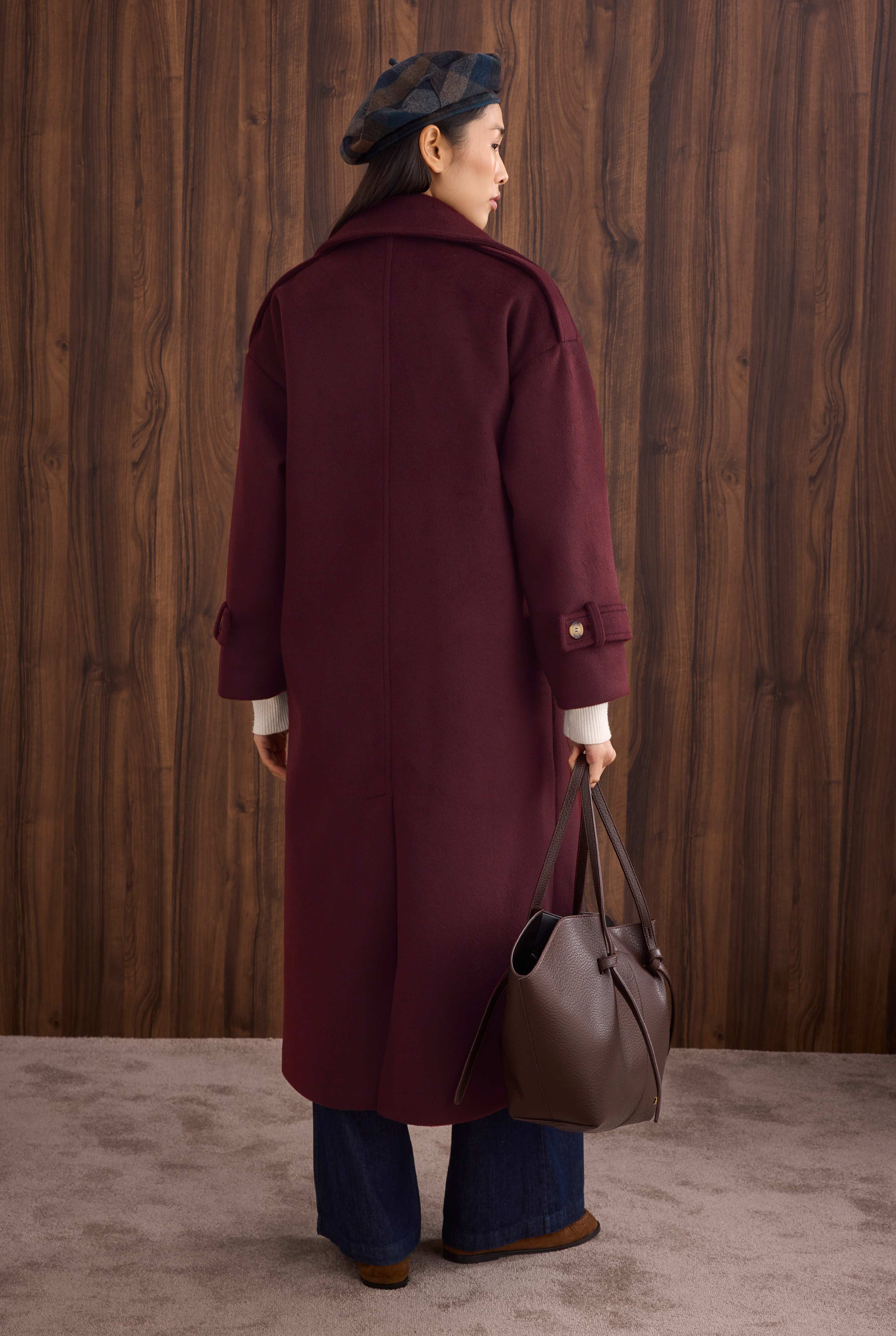 Apron Detailed Long Coat Bordeaux - 2
