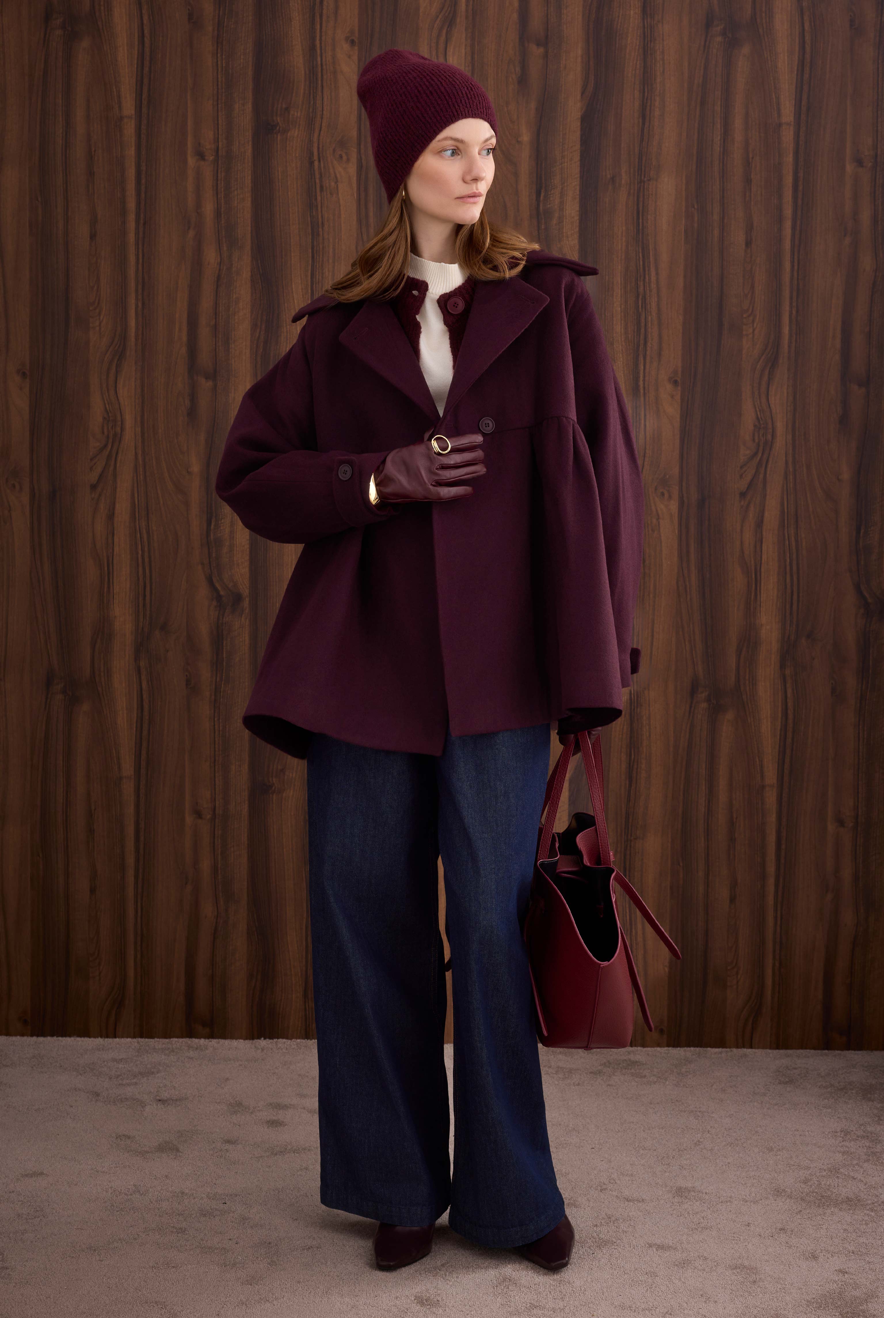 Ruched Detail Coat Bordeaux - 2