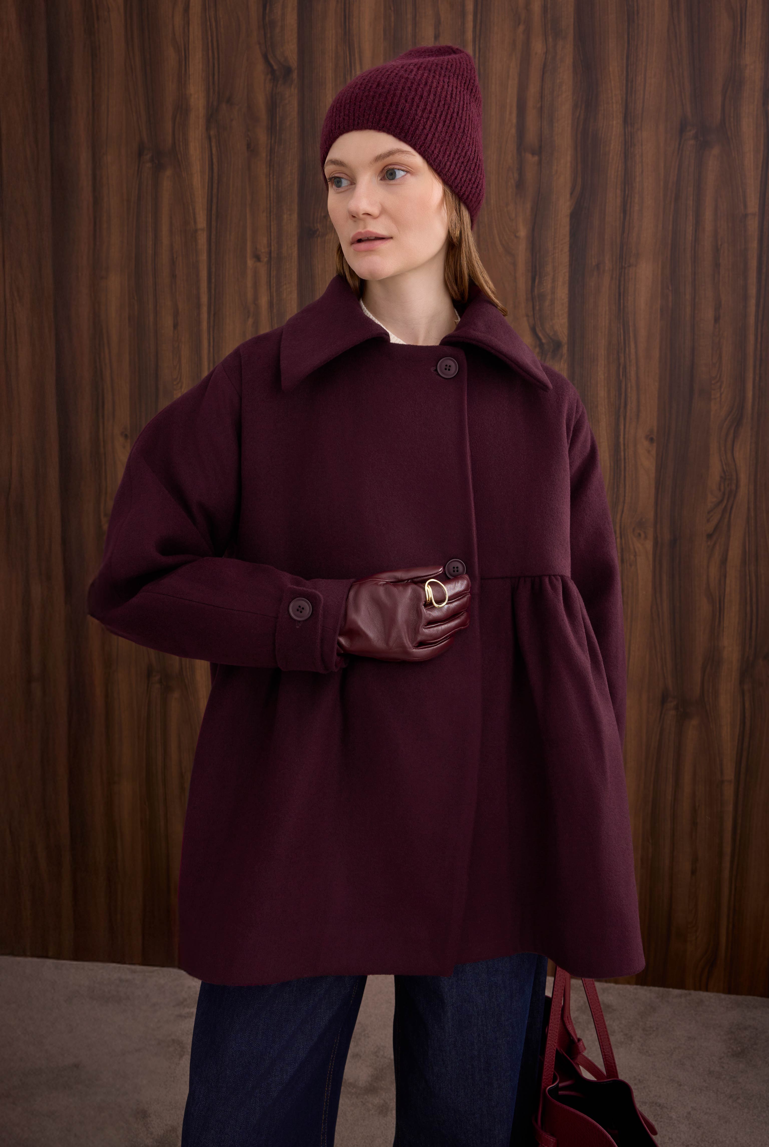 Ruched Detail Coat Bordeaux - 3