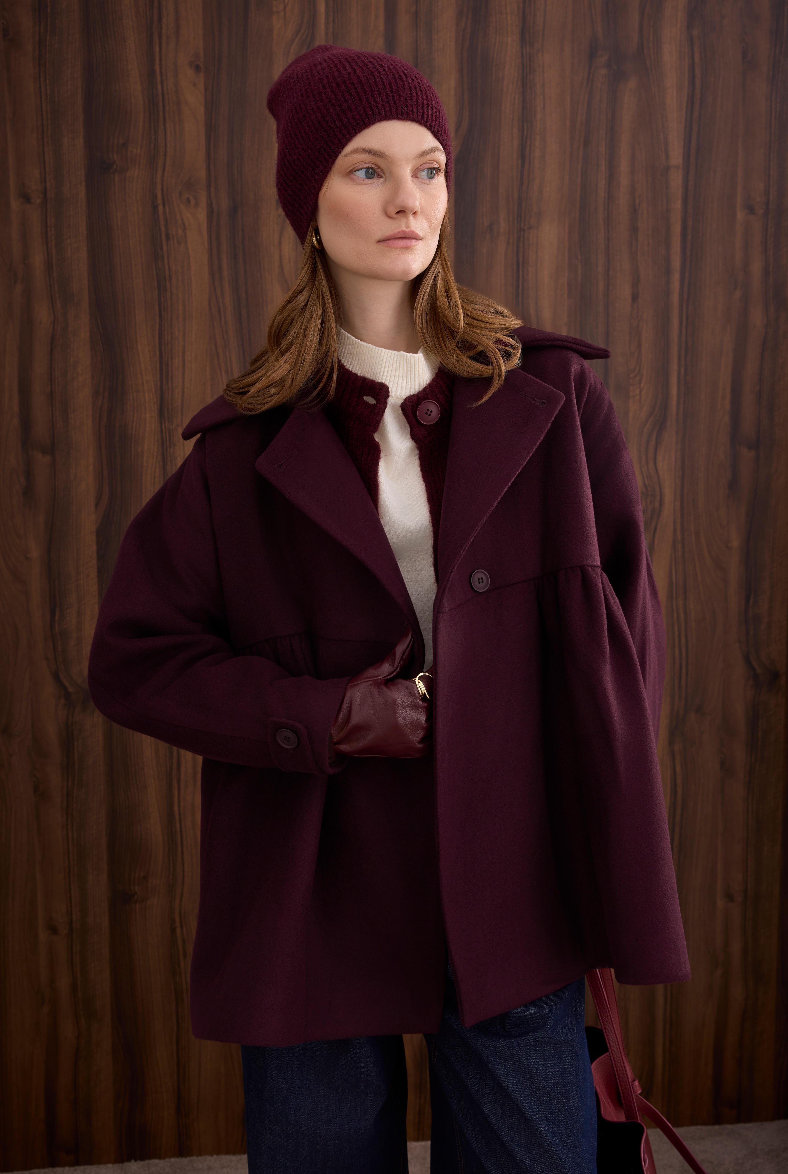 Ruched Detail Coat Bordeaux - 5
