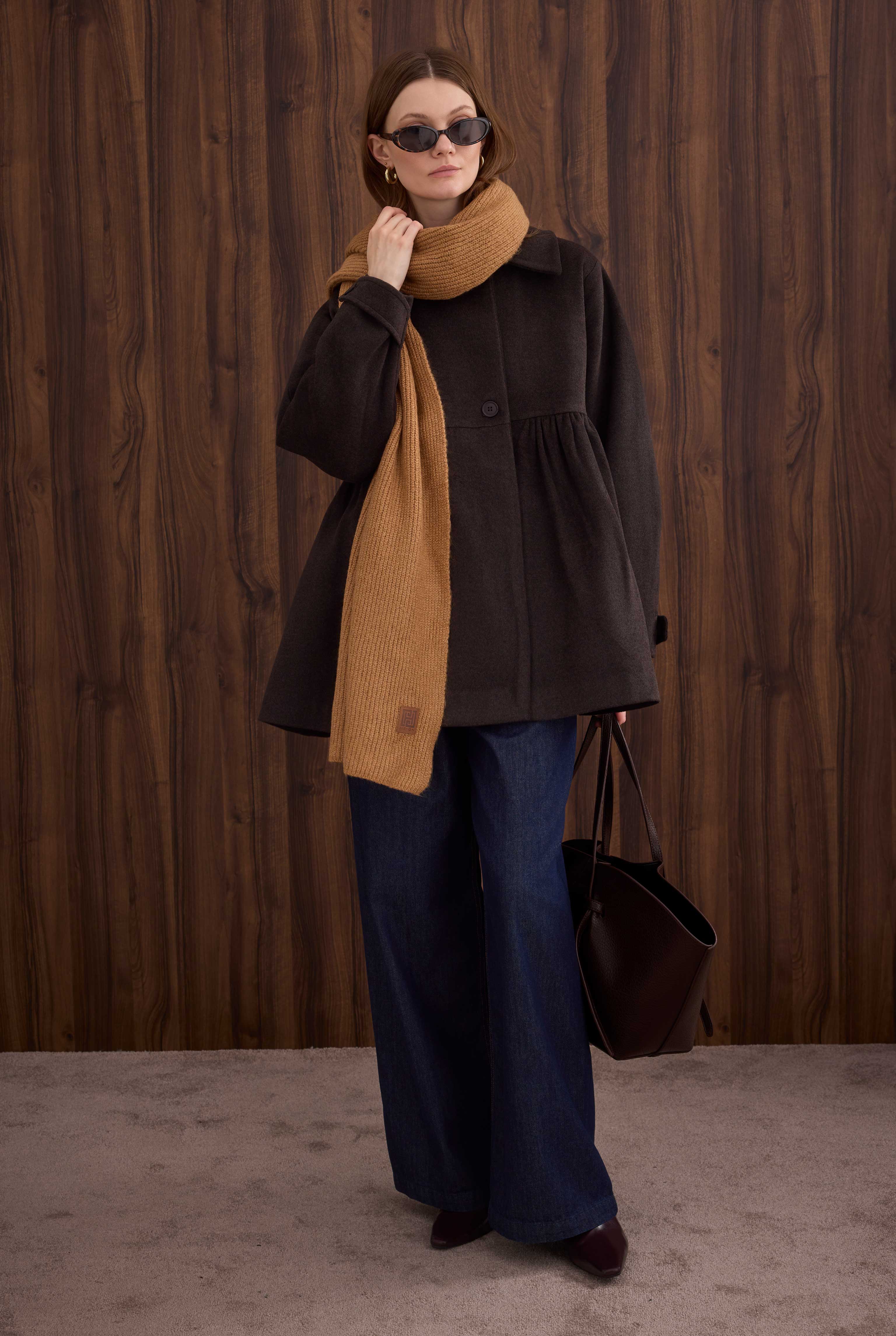 Ruched Detail Coat Dark Brown - 3