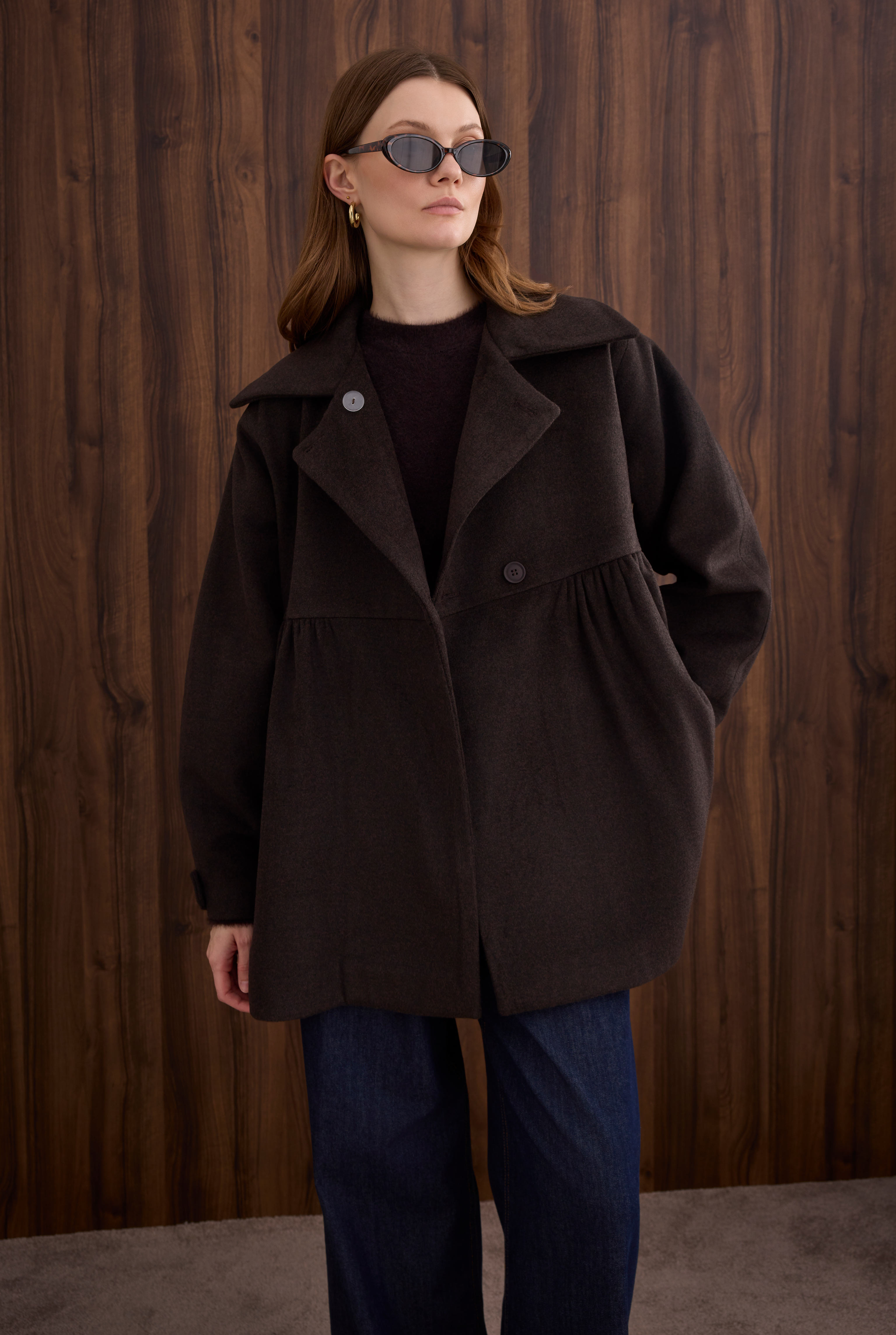 Ruched Detail Coat Dark Brown - 4