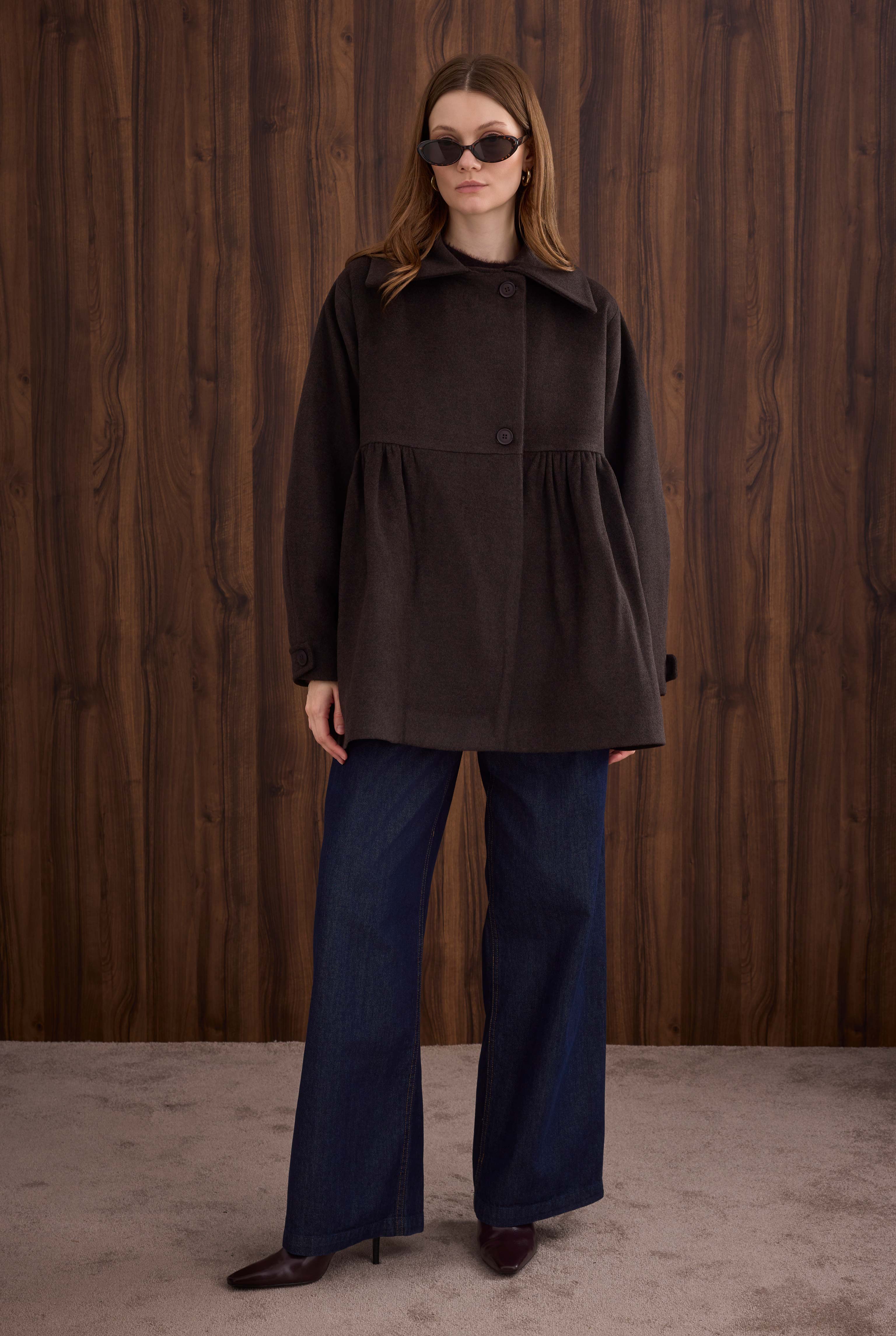 Ruched Detail Coat Dark Brown - 5