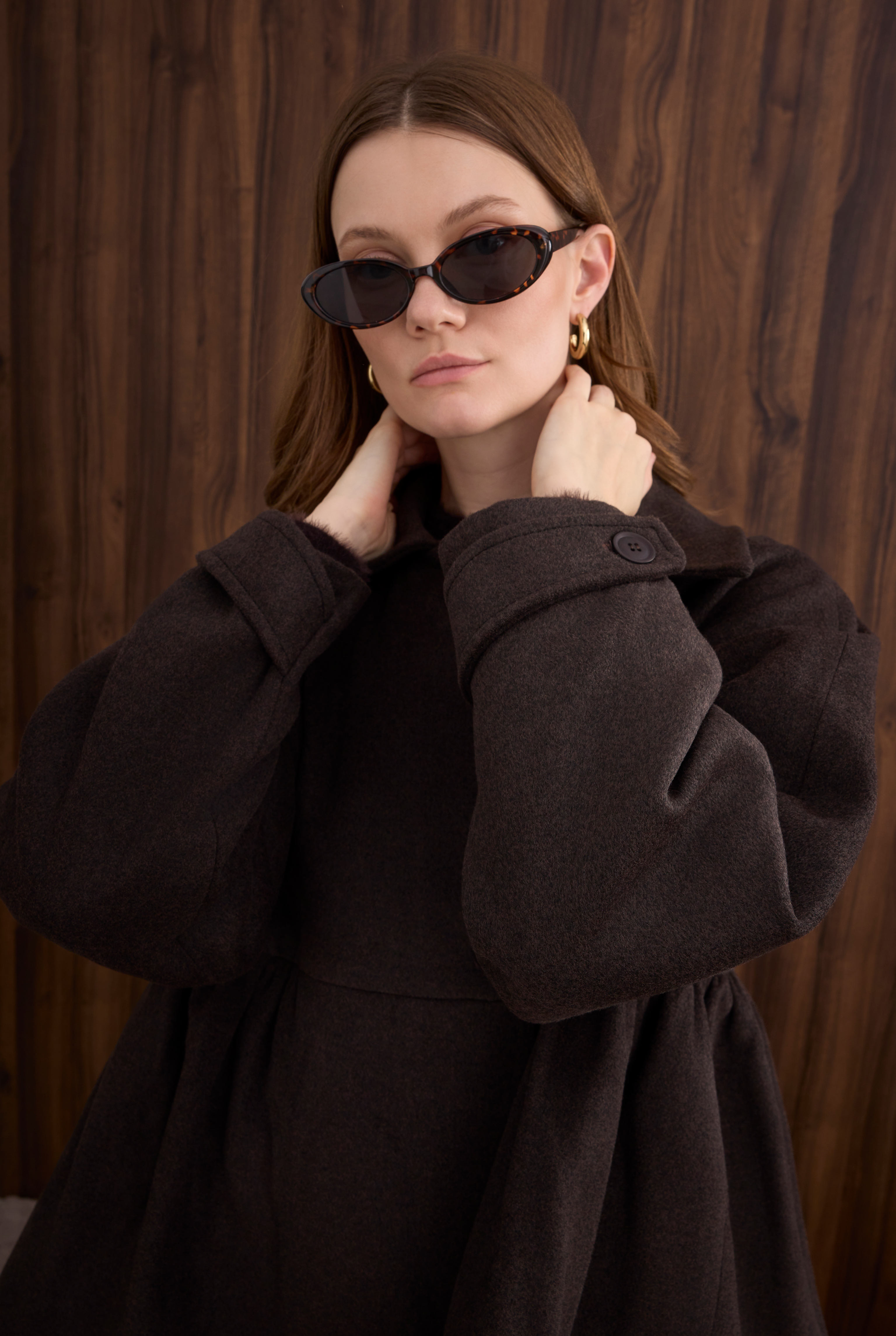 Ruched Detail Coat Dark Brown - 6