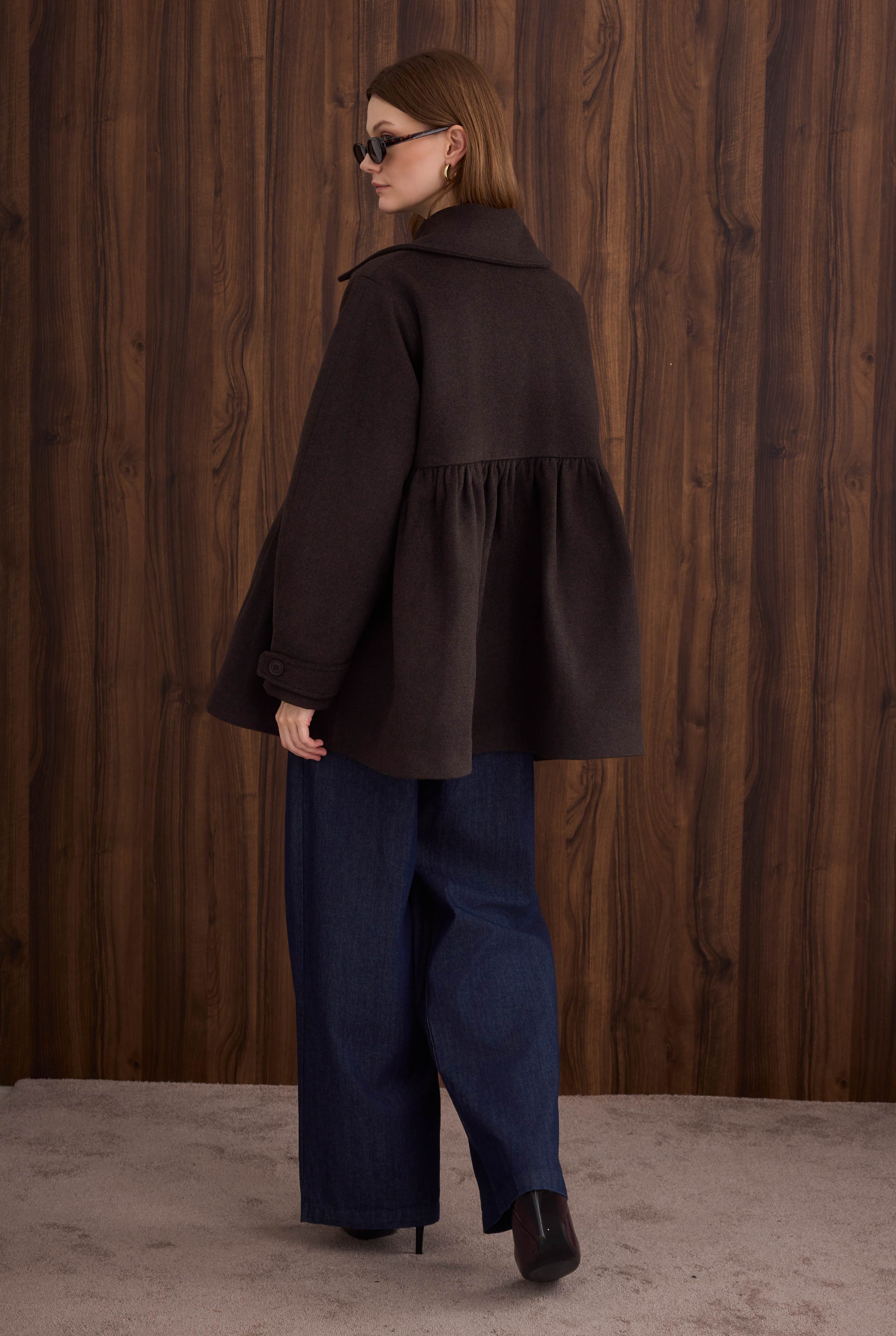 Ruched Detail Coat Dark Brown - 7