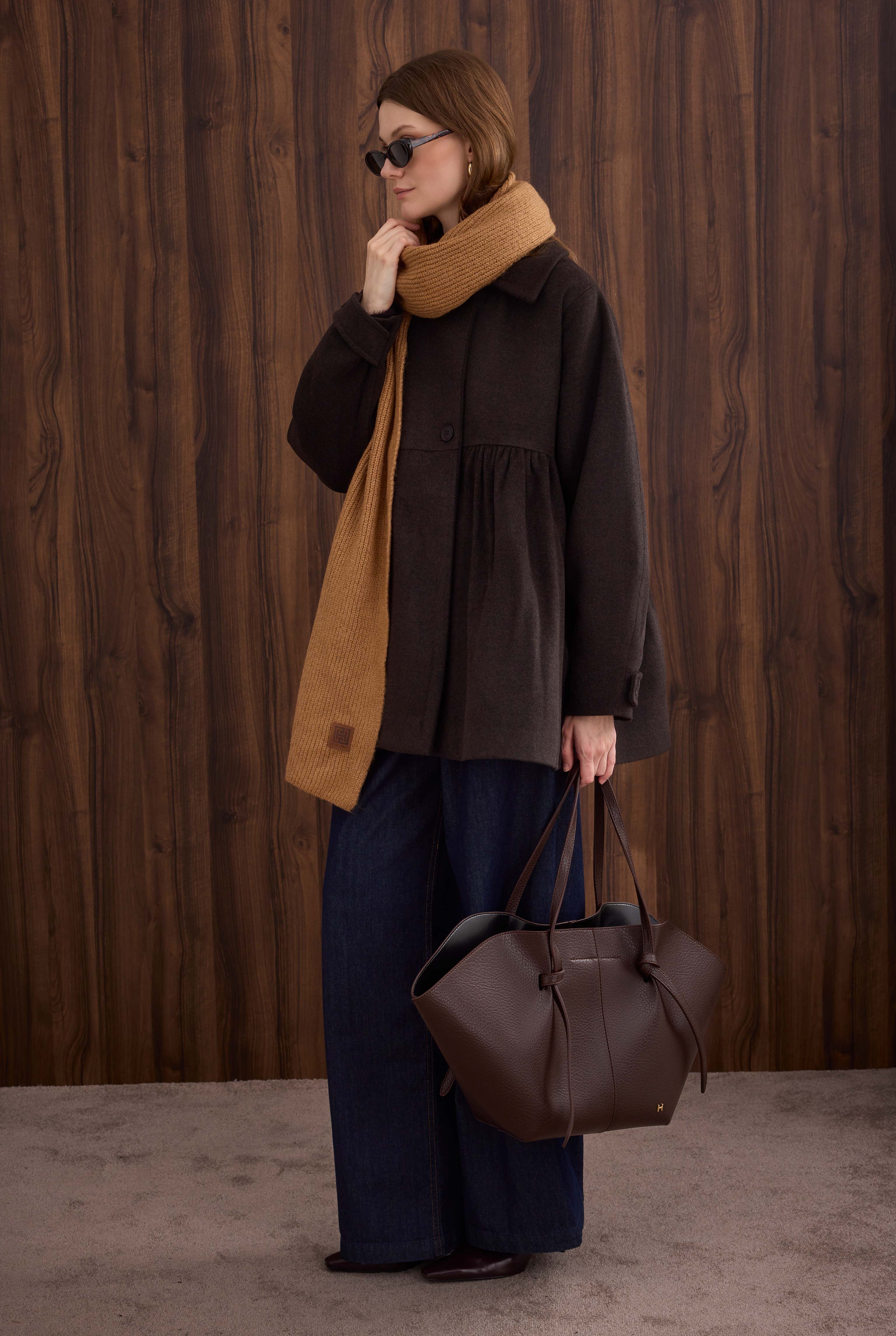 Ruched Detail Coat Dark Brown - 2