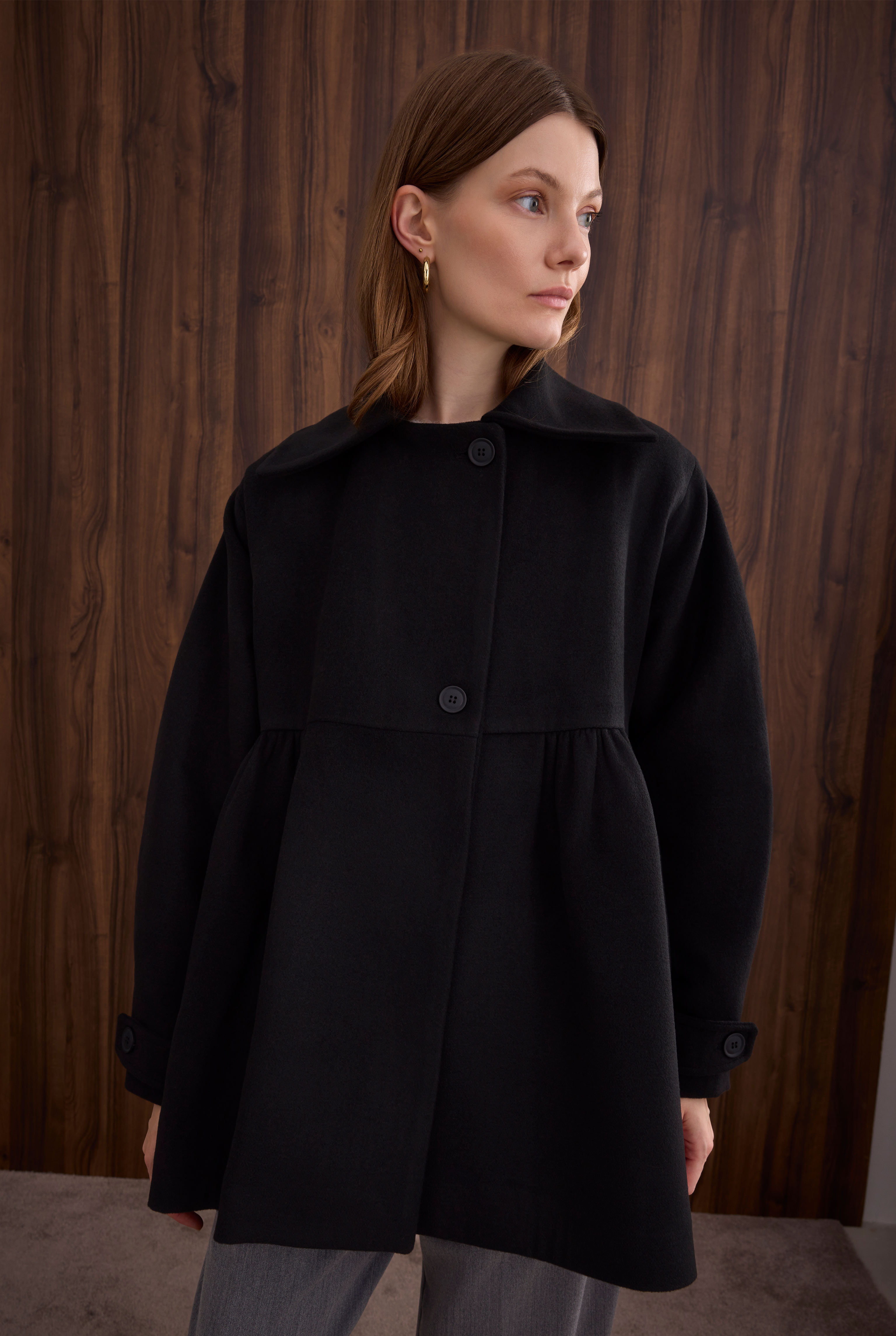 Ruched Detail Coat Black - 3