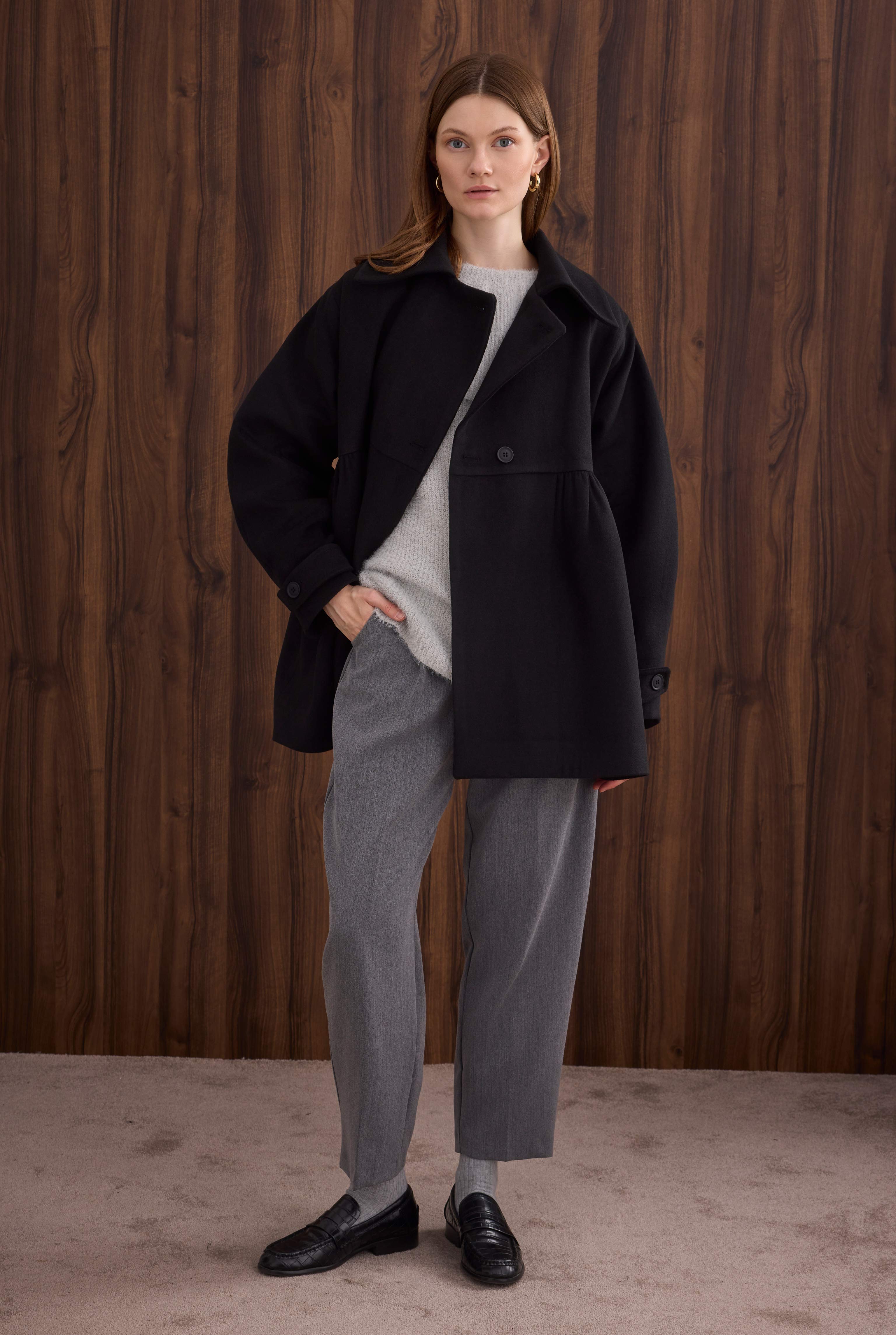 Ruched Detail Coat Black - 4