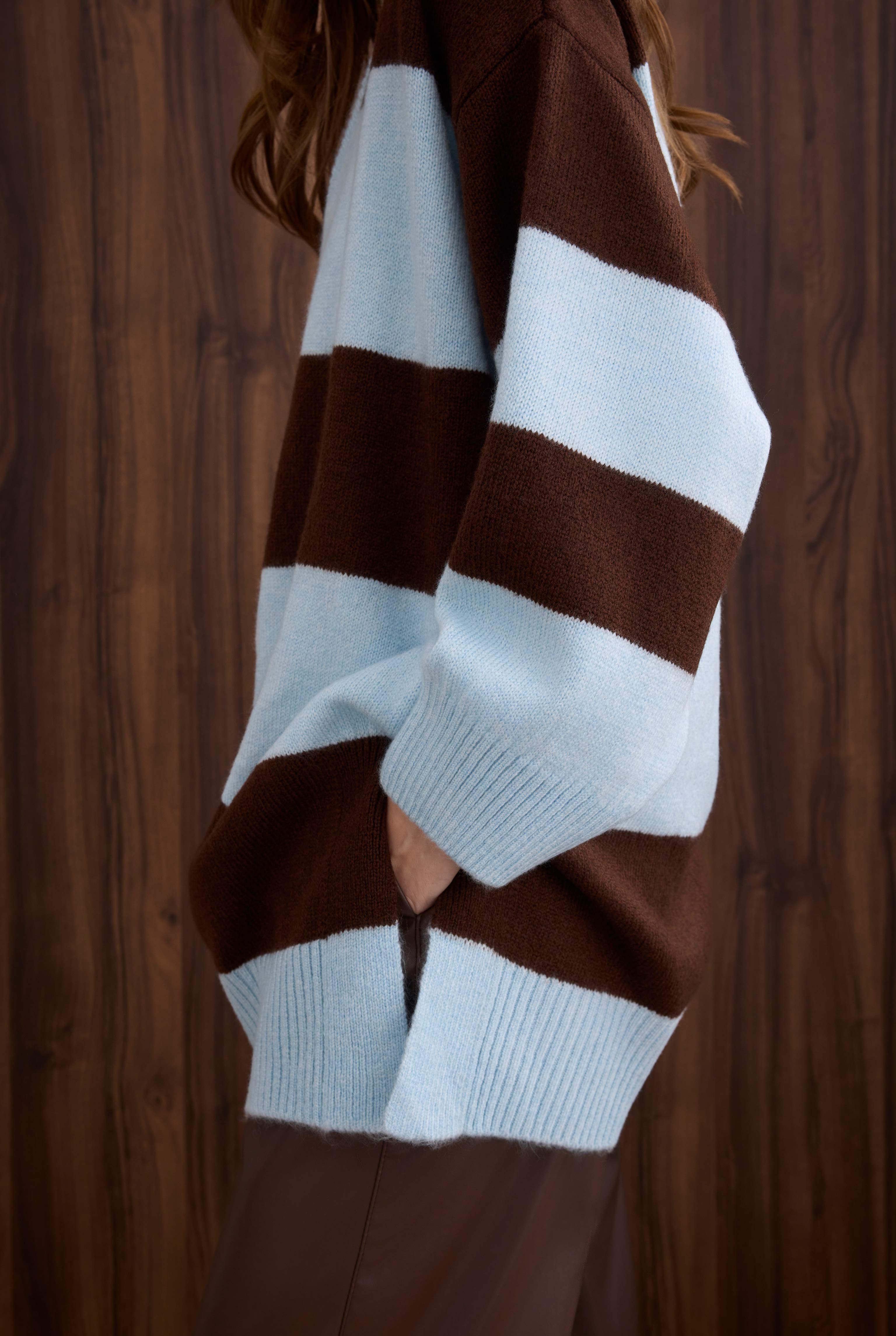 Striped V Collared Sweater Brown-Ice Blue - 4