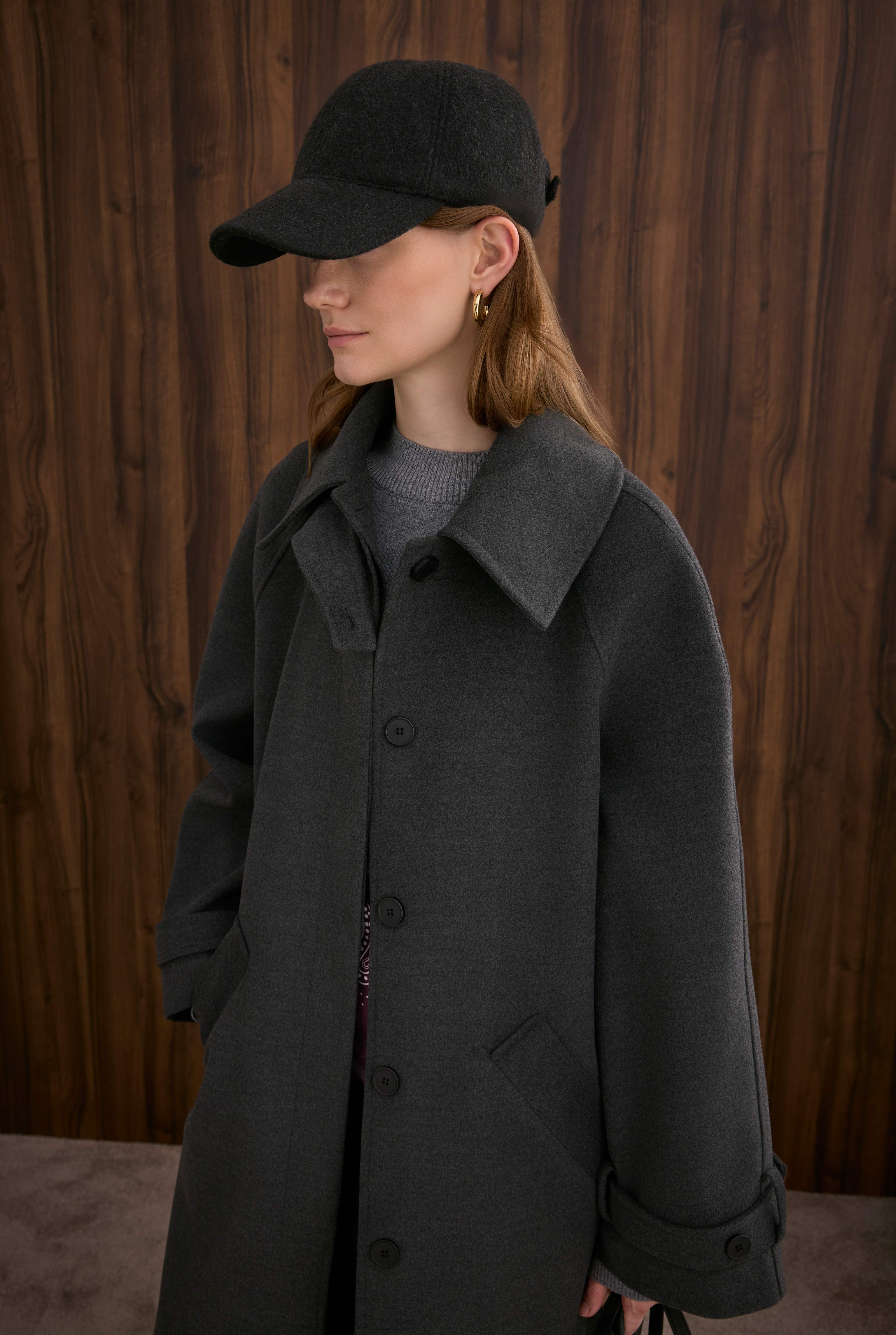 Collar Detailed Coat Anthracite - 5