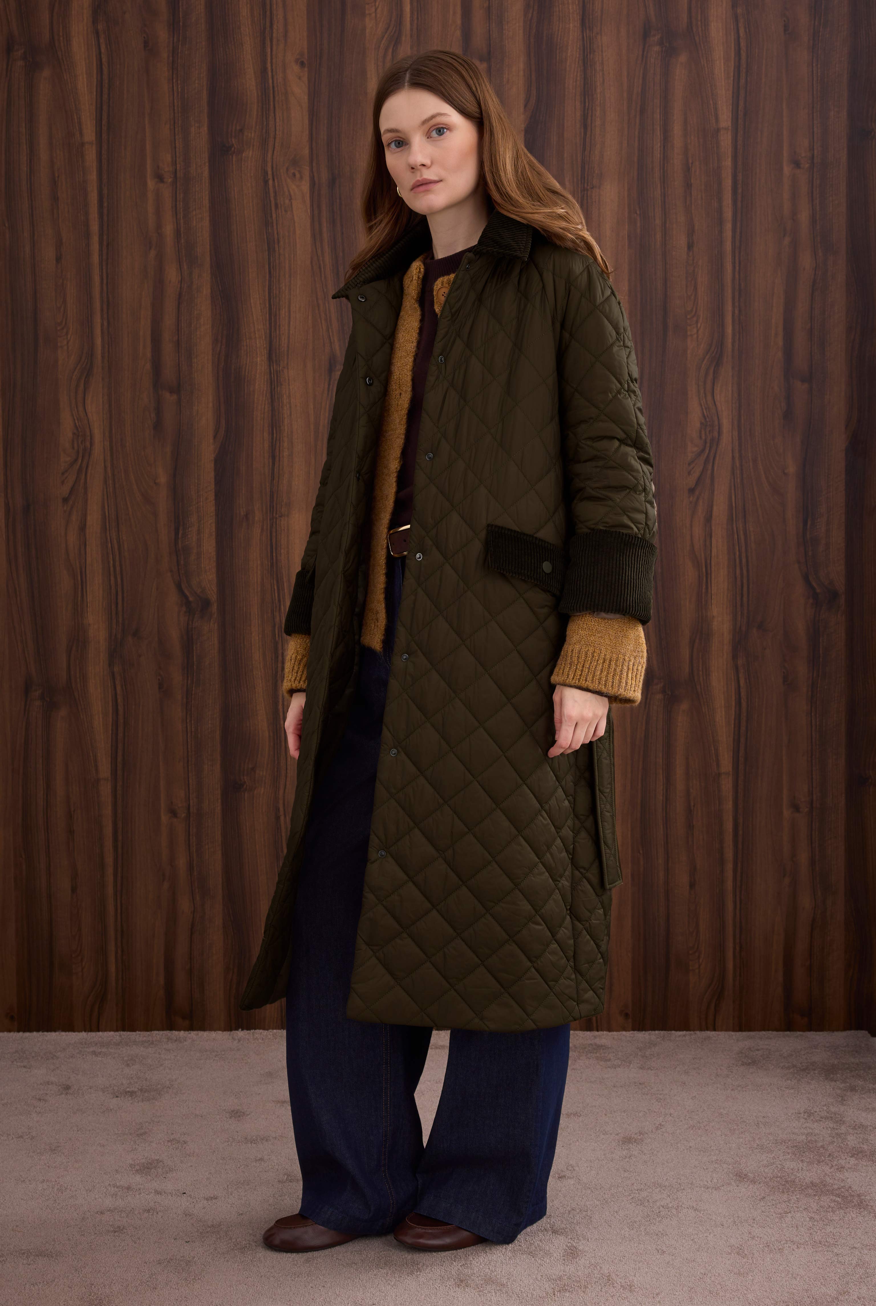 Long Quilted Coat Dark Khaki - 2