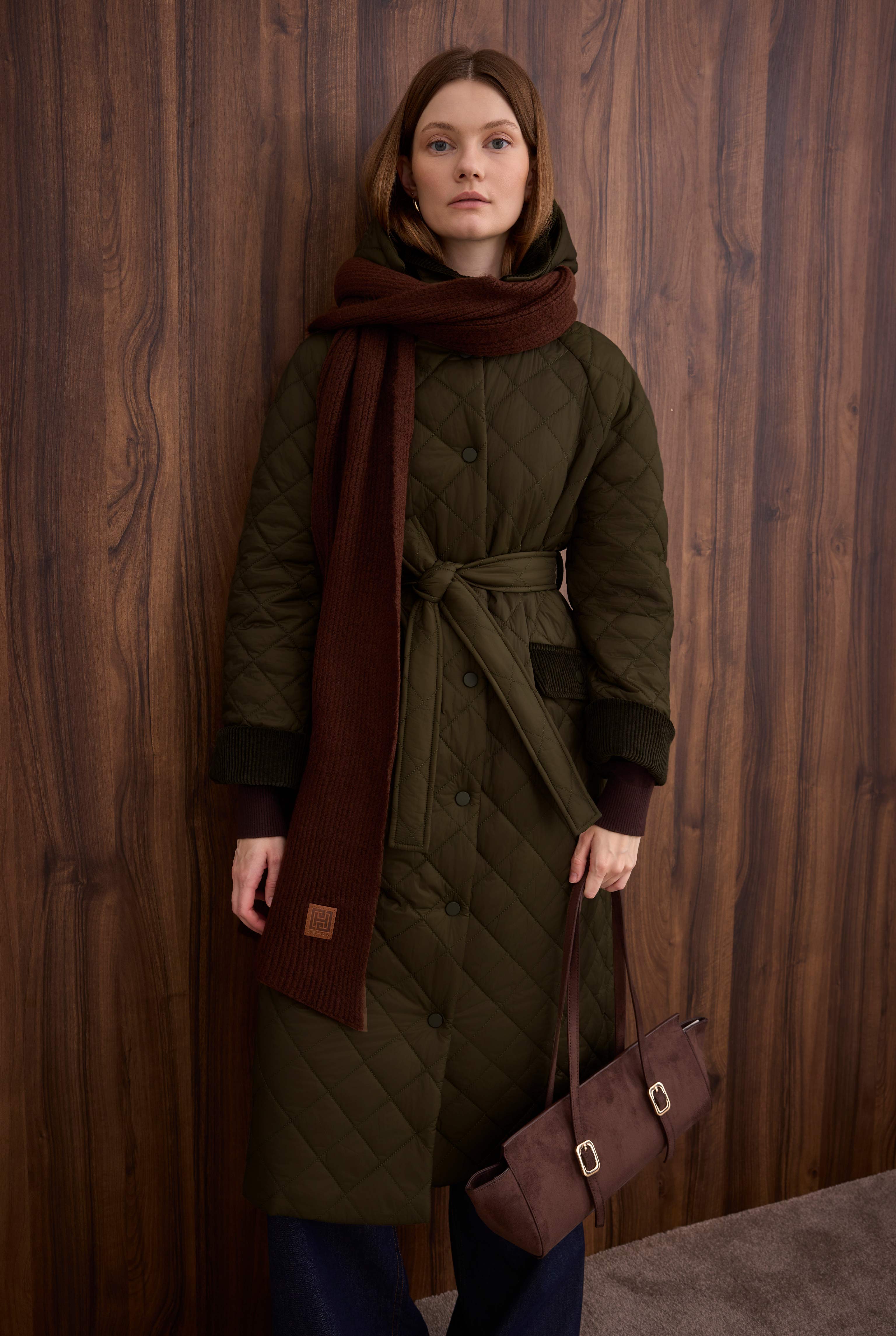 Long Quilted Coat Dark Khaki - 3