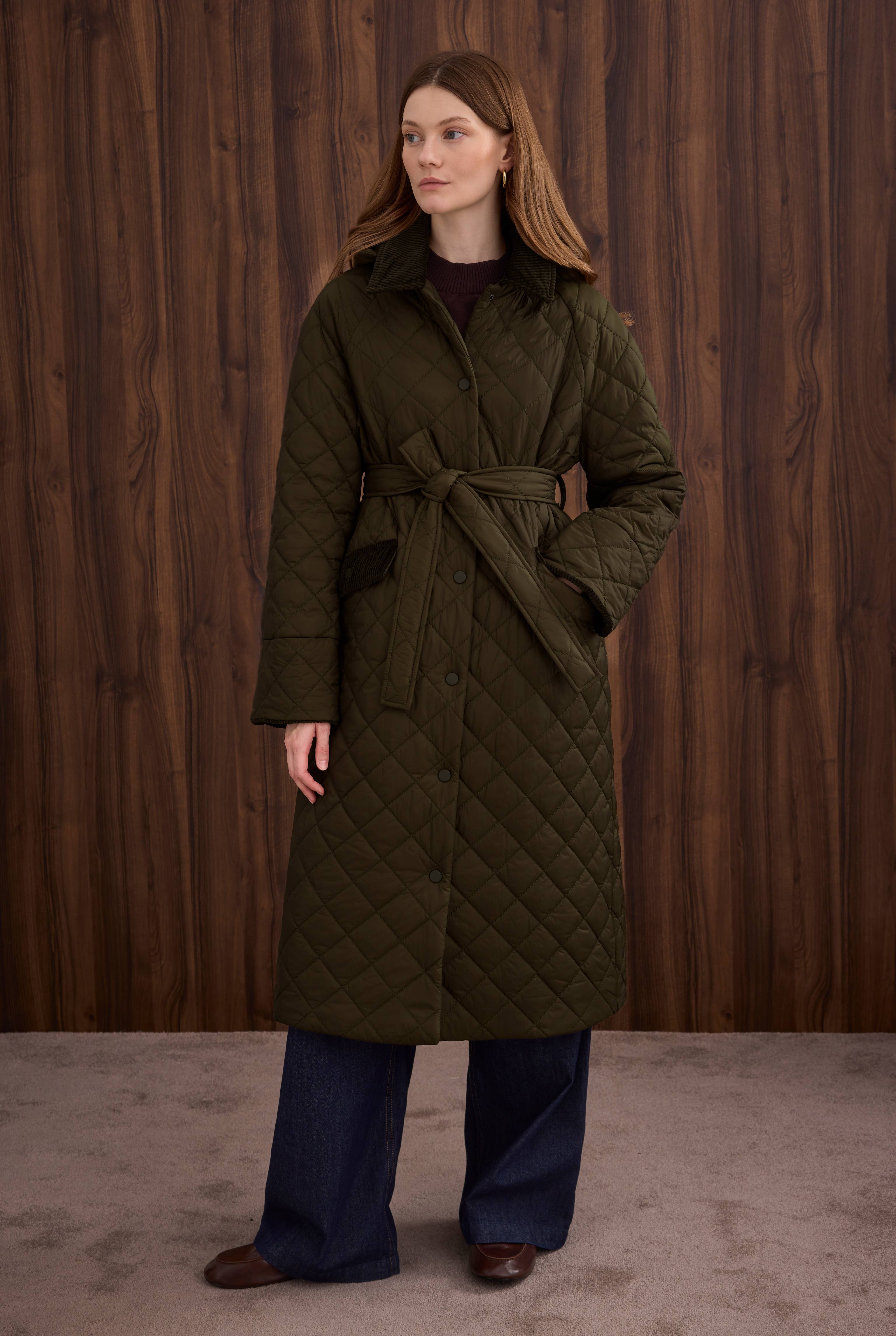 Long Quilted Coat Dark Khaki - 4