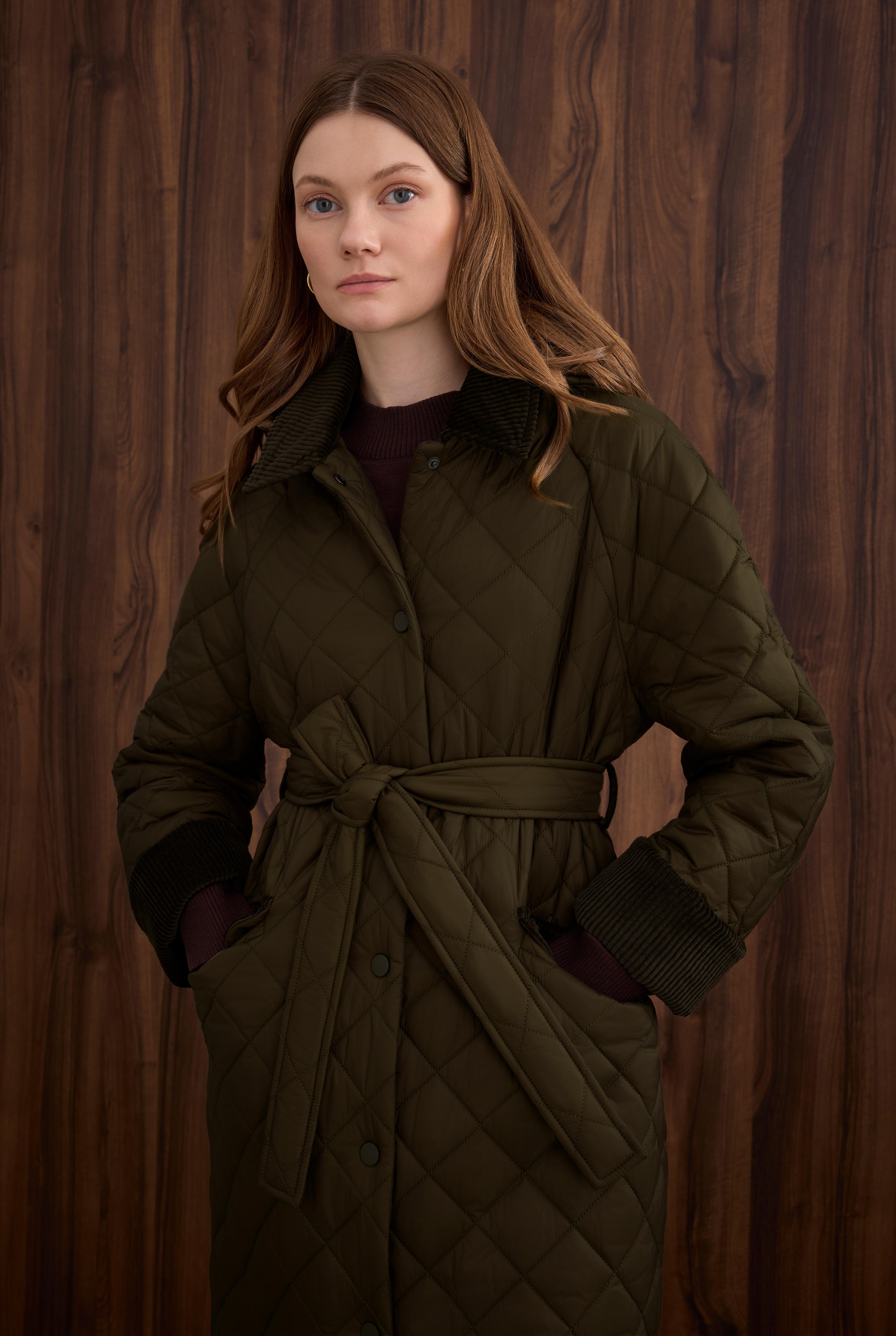 Long Quilted Coat Dark Khaki - 5