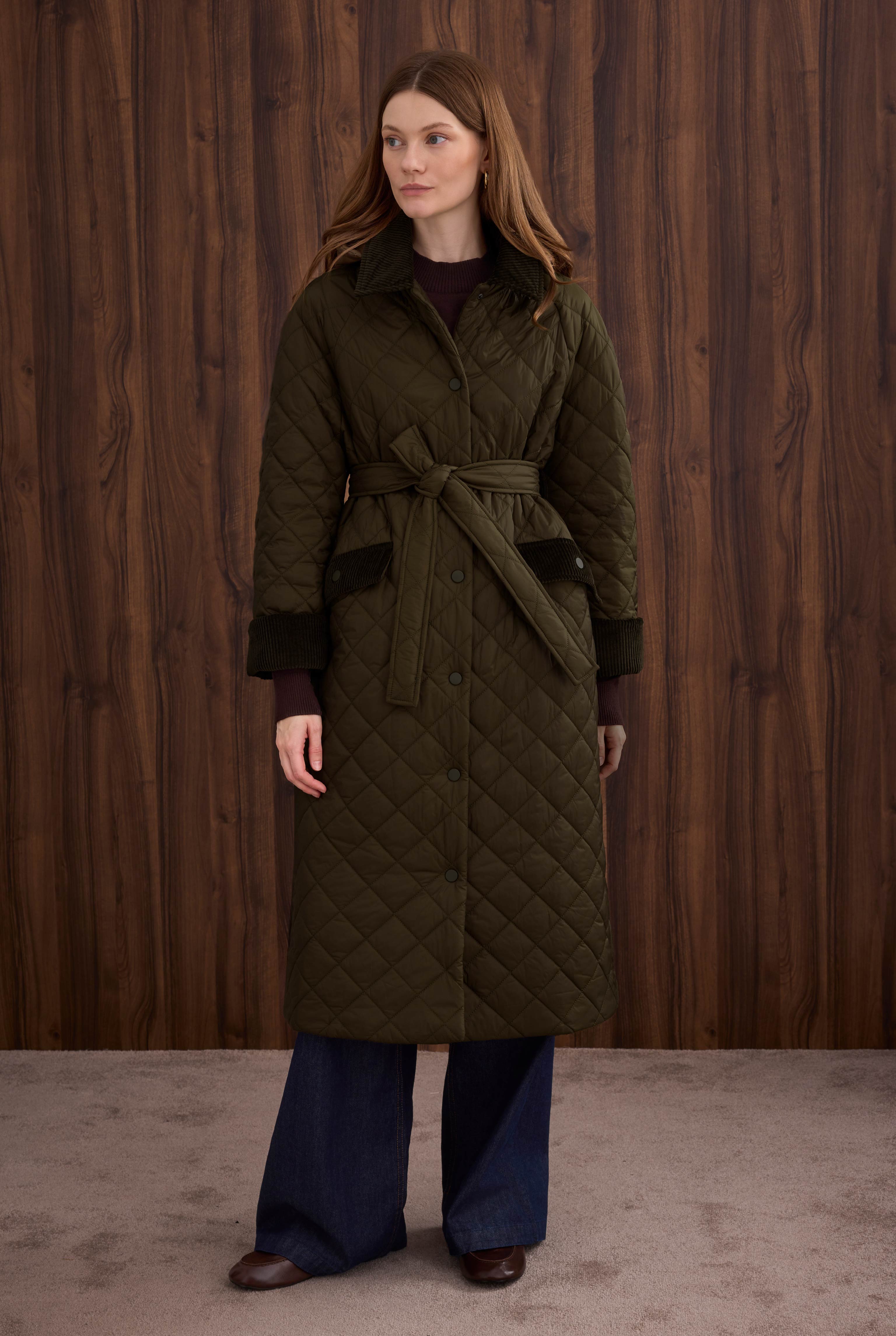 Long Quilted Coat Dark Khaki - 6