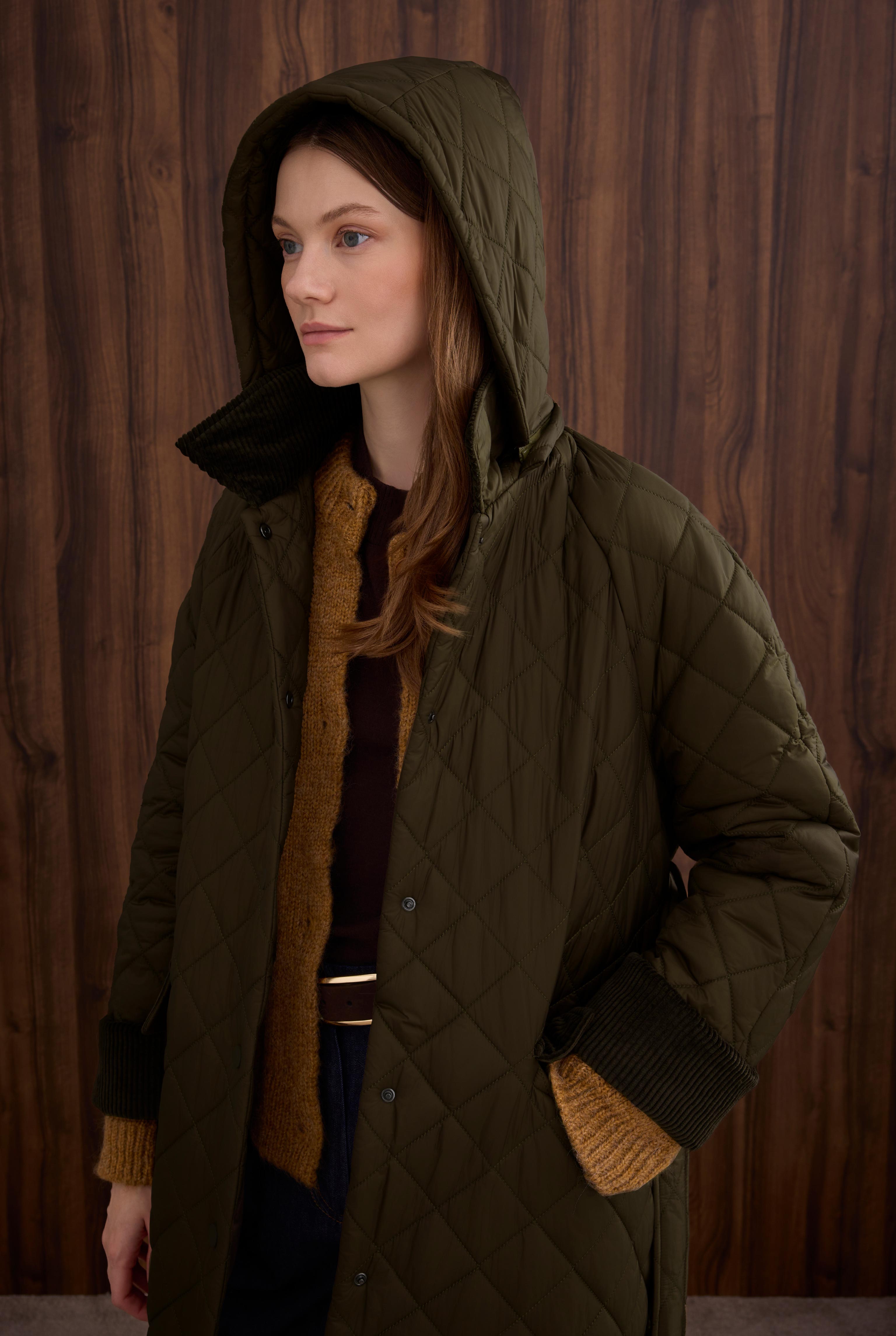 Long Quilted Coat Dark Khaki - 7