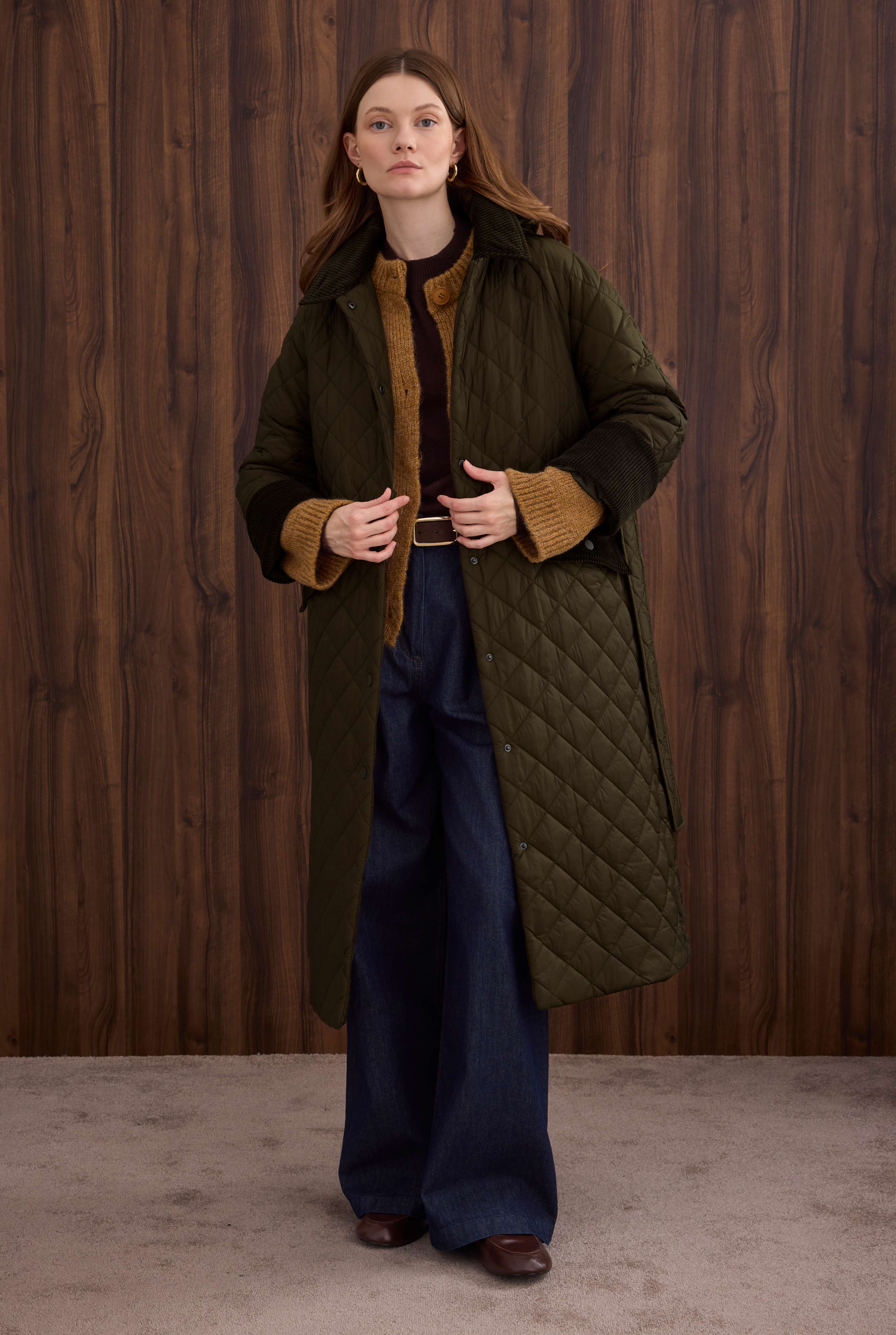Long Quilted Coat Dark Khaki - 8