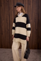 Striped V Collared Sweater Bone-Black 