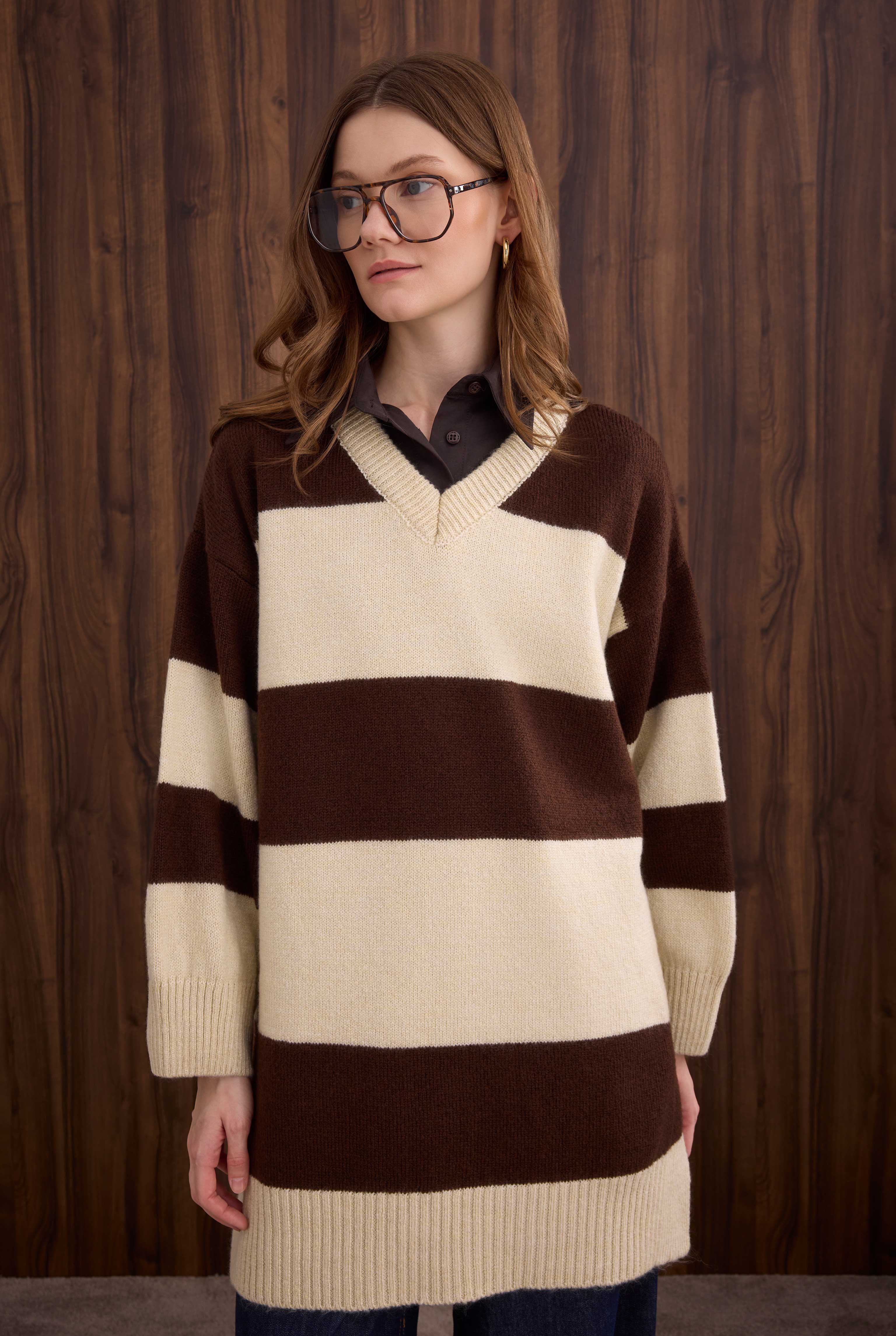 Striped V Collared Sweater Bone-Brown - HE-QA