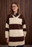 Striped V Collared Sweater Bone-Brown 
