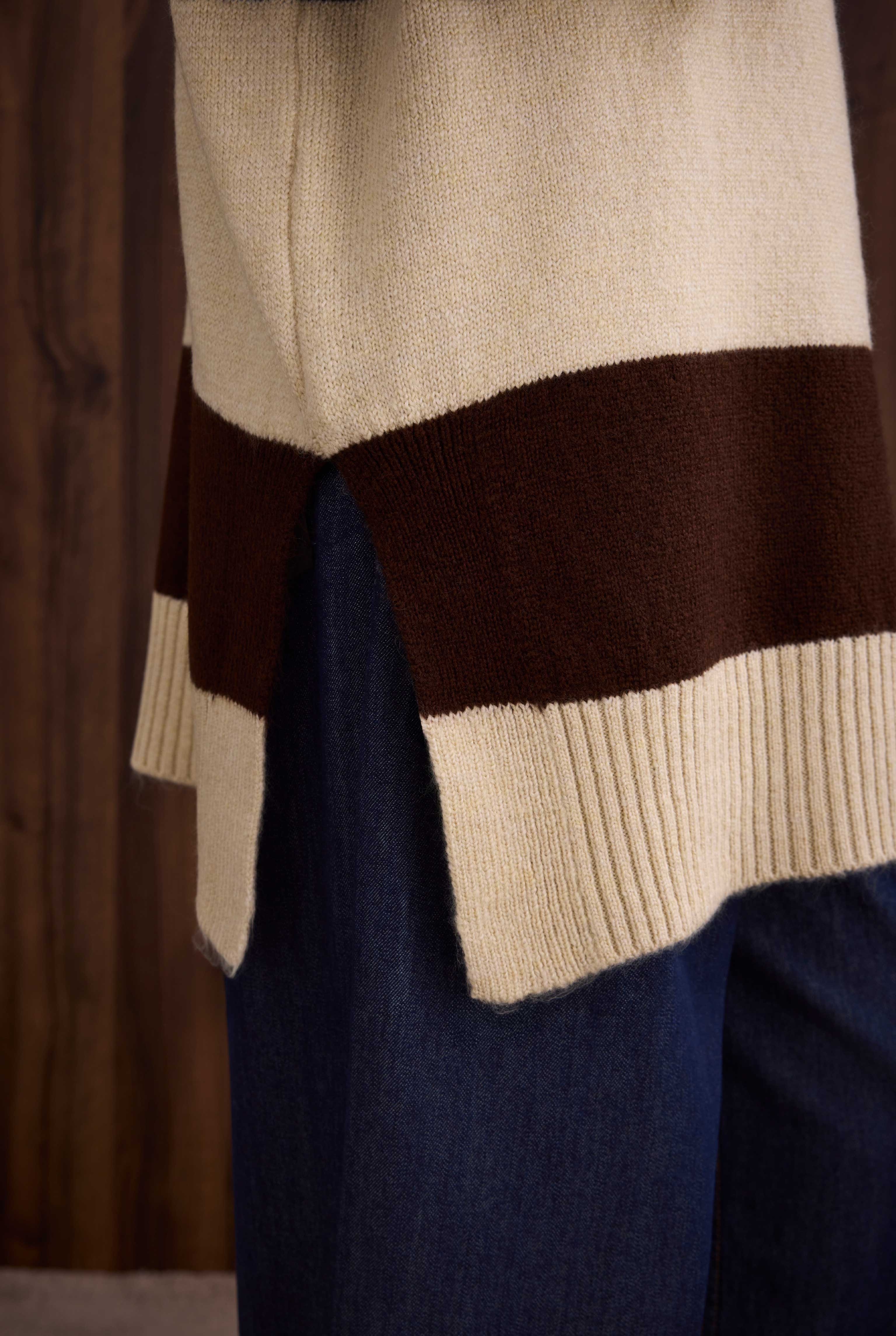 Striped V Collared Sweater Bone-Brown - 2