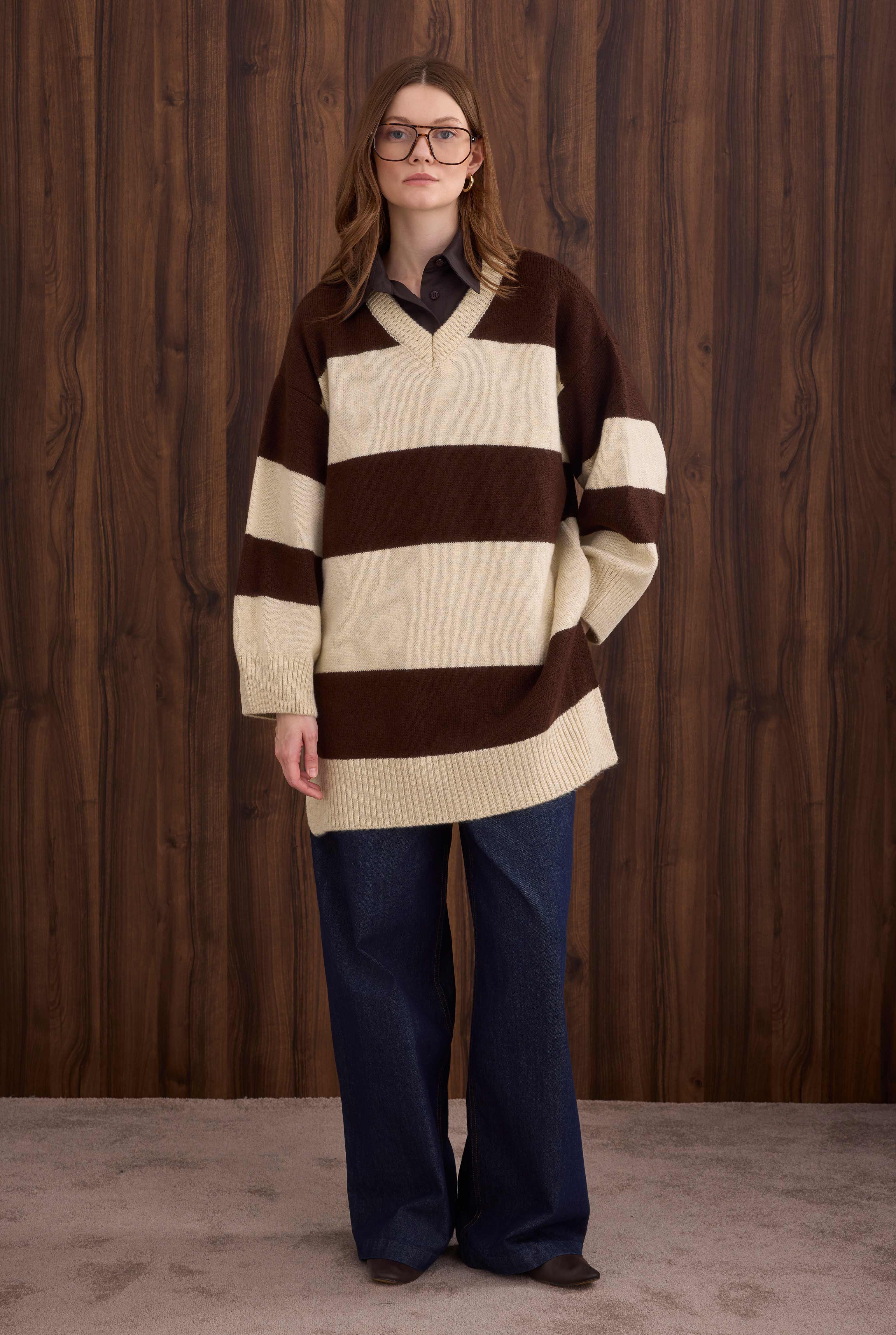 Striped V Collared Sweater Bone-Brown - 3
