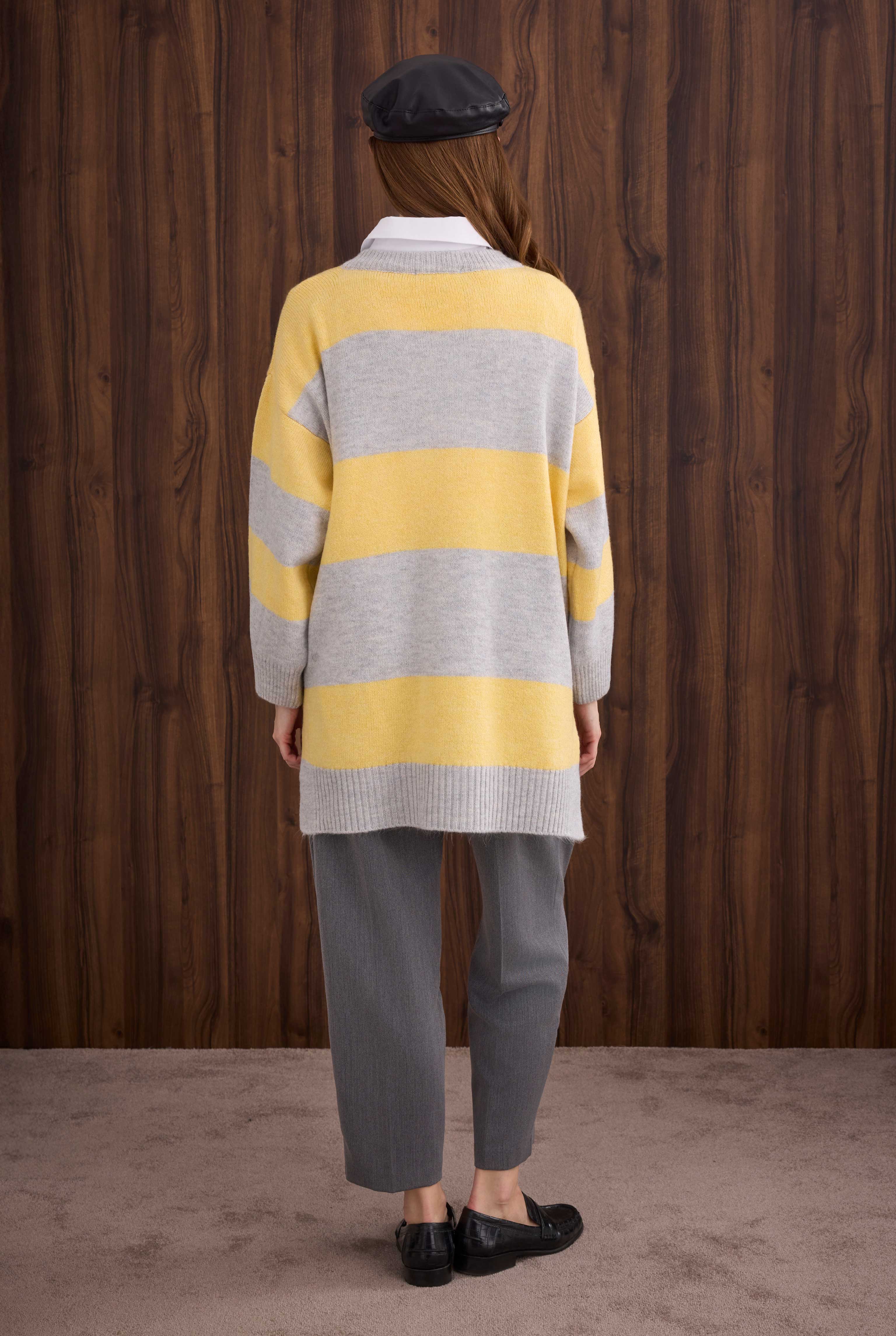 Striped V Collared Sweater Light Gray-Soft Yellow - 5